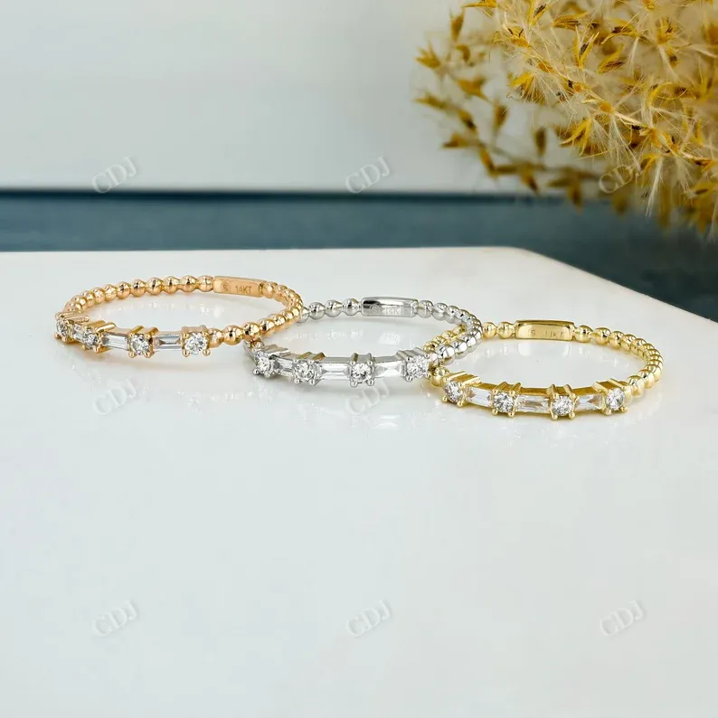 0.16CTW Baguette and Round Diamond Thin Beaded Stackable Band