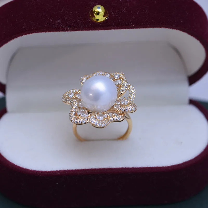 11-12mm Freshwater Pearl Floral&Cubic Zirconia Ring