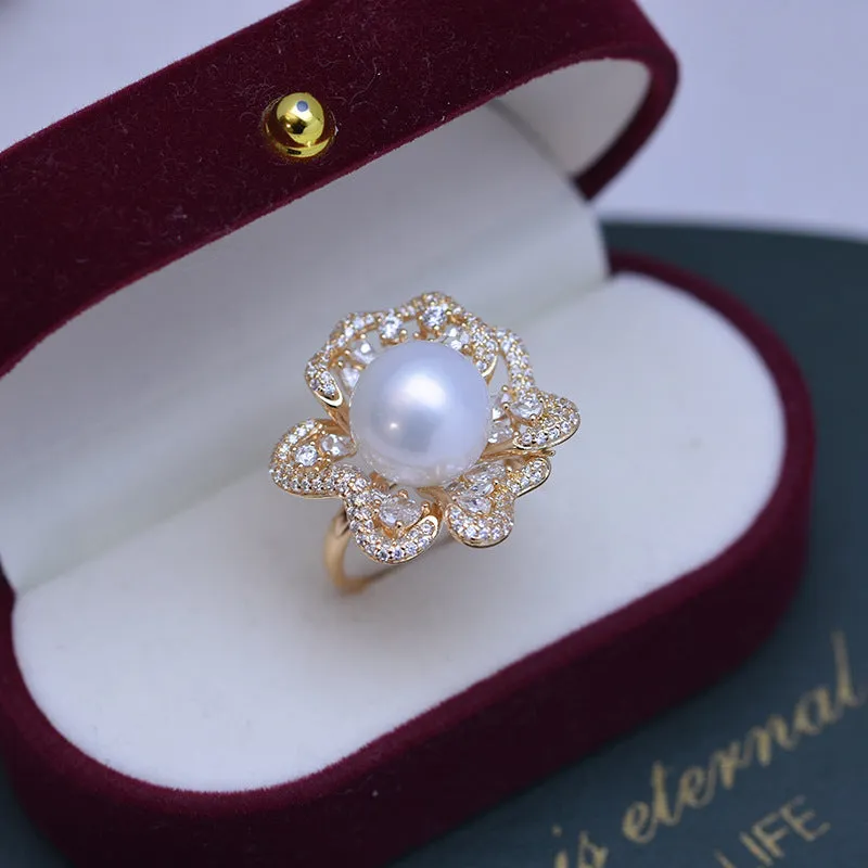 11-12mm Freshwater Pearl Floral&Cubic Zirconia Ring