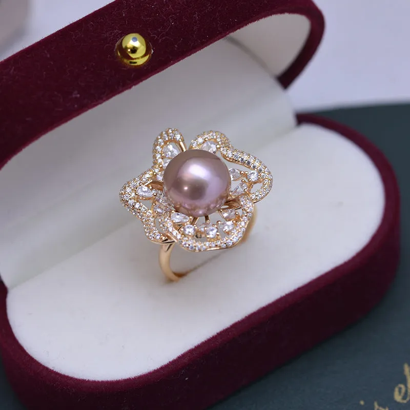 11-12mm Freshwater Pearl Floral&Cubic Zirconia Ring