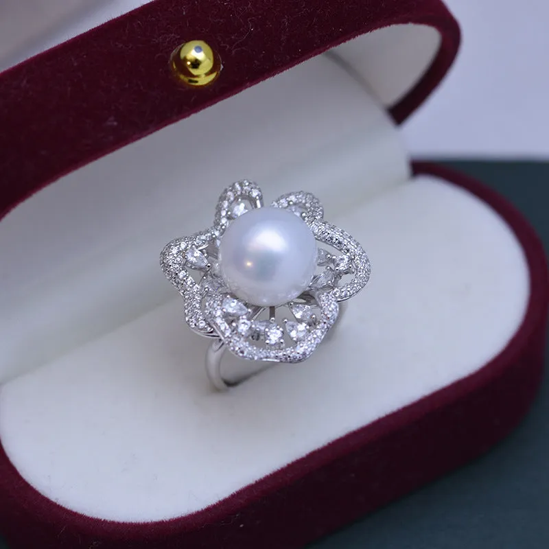 11-12mm Freshwater Pearl Floral&Cubic Zirconia Ring