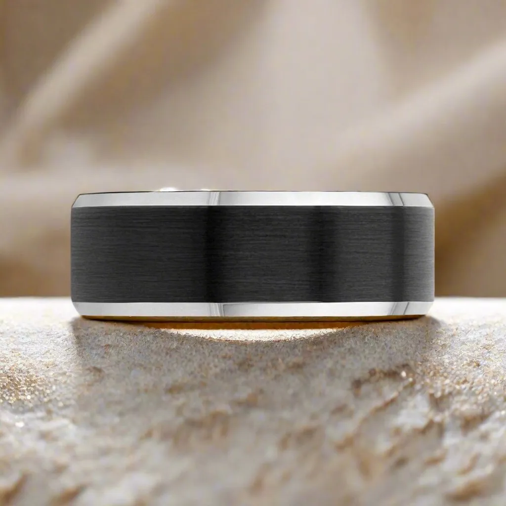 ASTON | Black Tungsten Ring, Black Brushed, Silver Beveled Edges