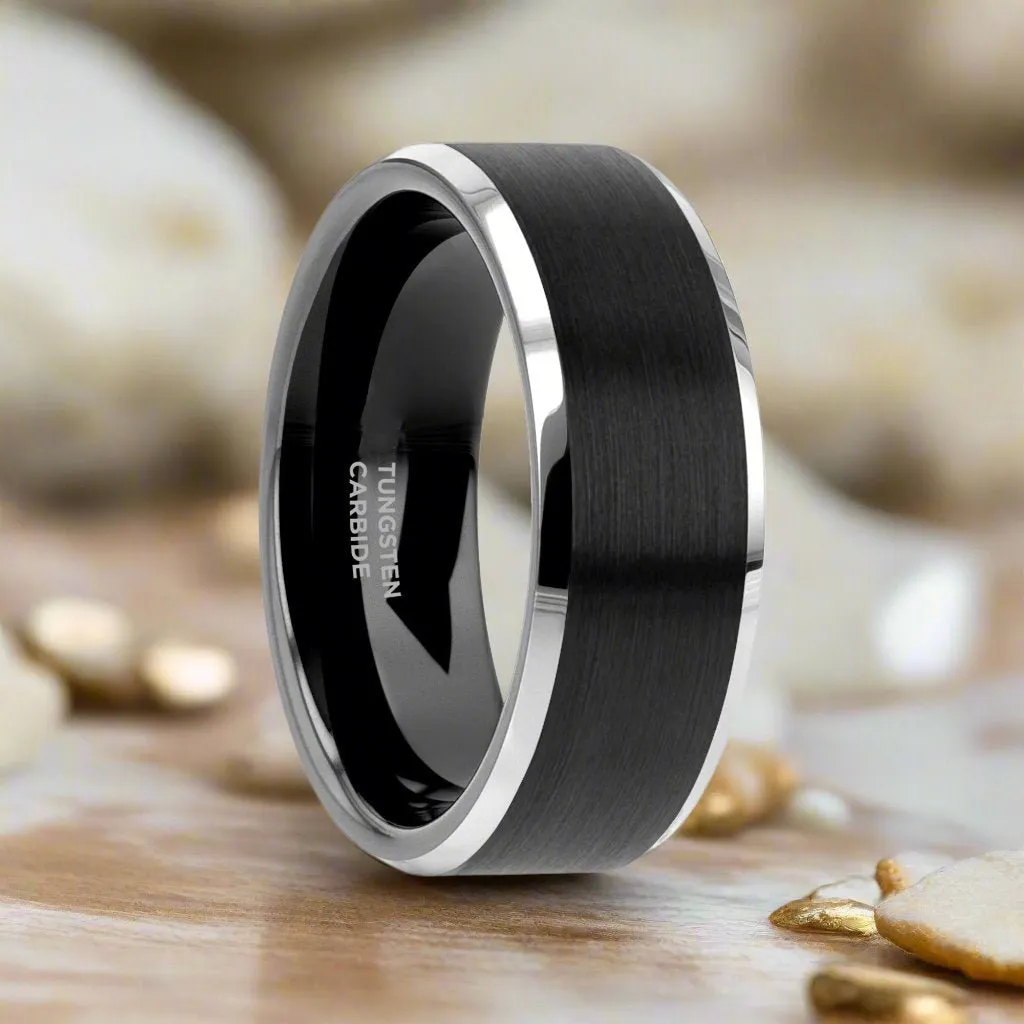 ASTON | Black Tungsten Ring, Black Brushed, Silver Beveled Edges