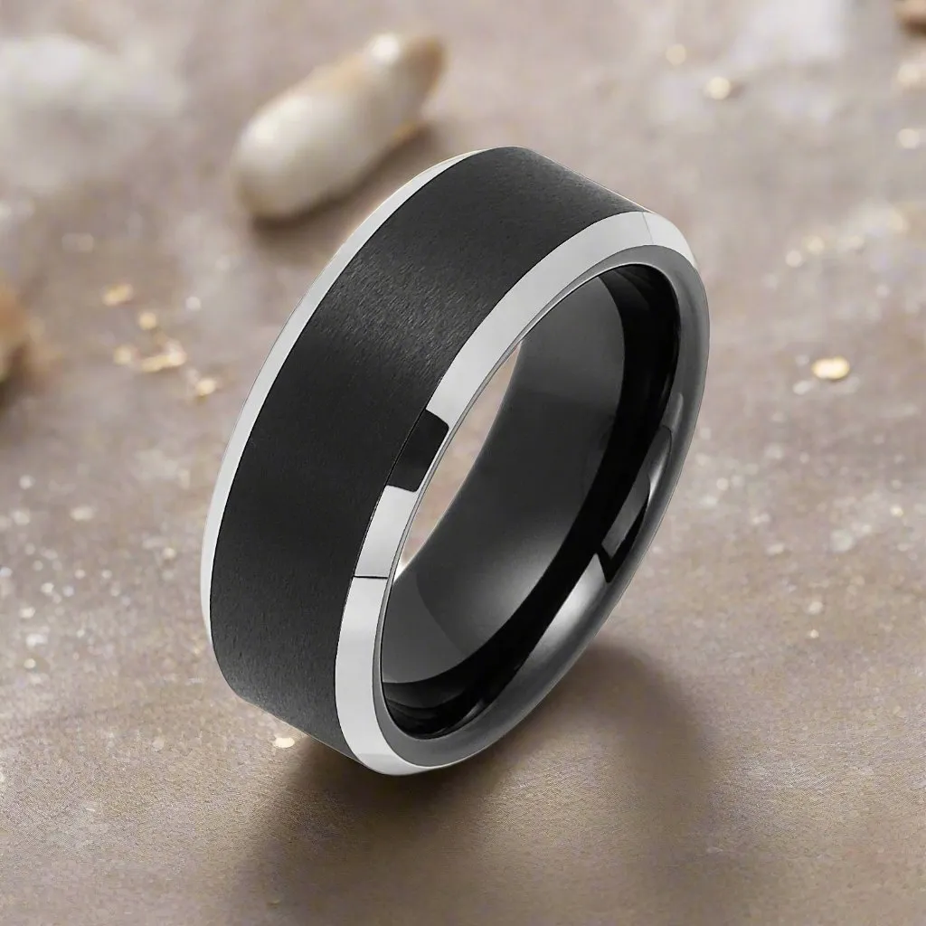 ASTON | Black Tungsten Ring, Black Brushed, Silver Beveled Edges