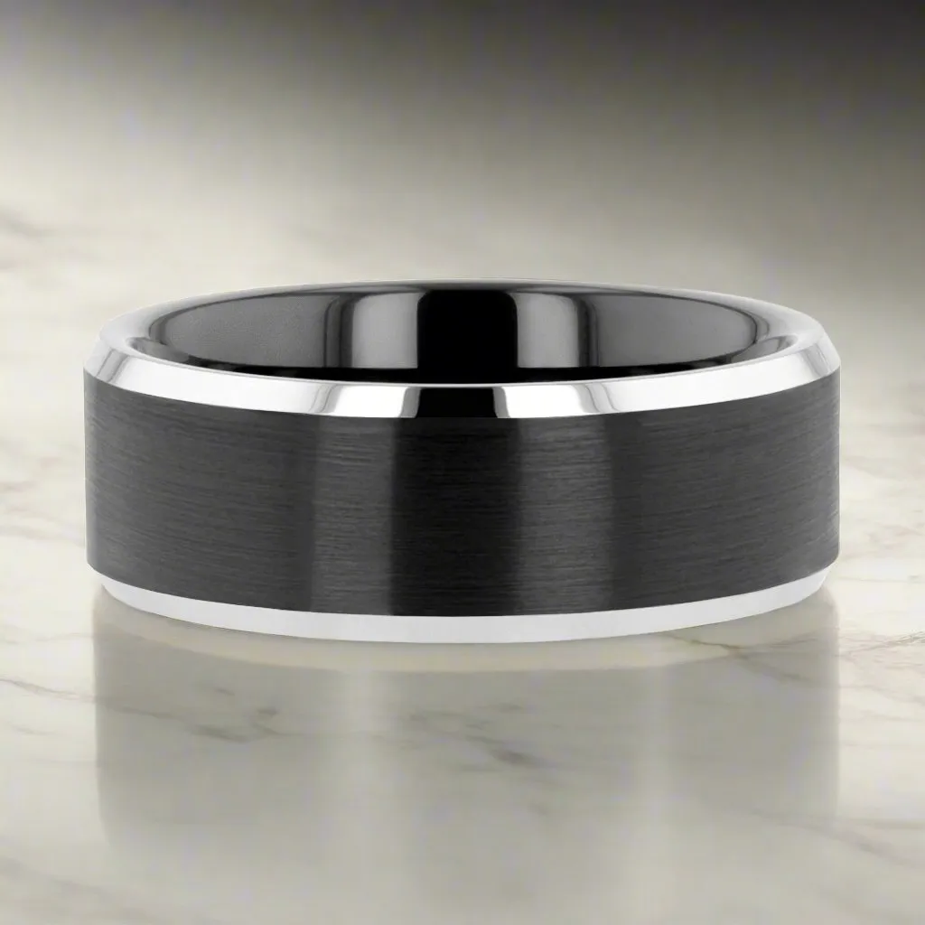 ASTON | Black Tungsten Ring, Black Brushed, Silver Beveled Edges