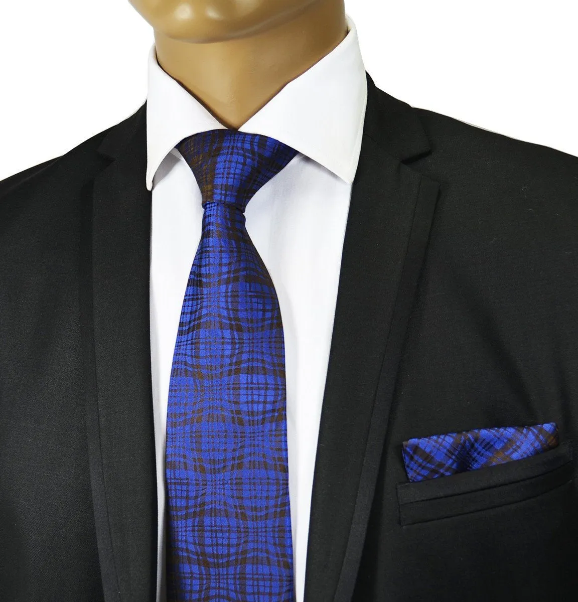 Blue and Black Silk Tie and Pocket Square