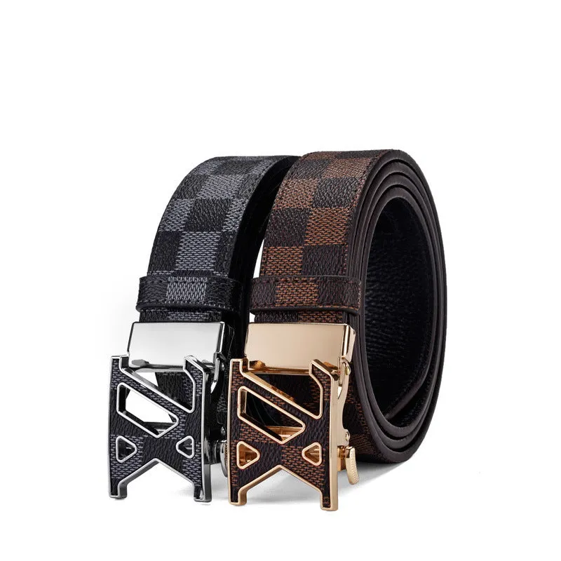 Business Casual Automatic Buckle Belt High-End Genuine Leather Fashion Check Pattren All-Match Pants Belt