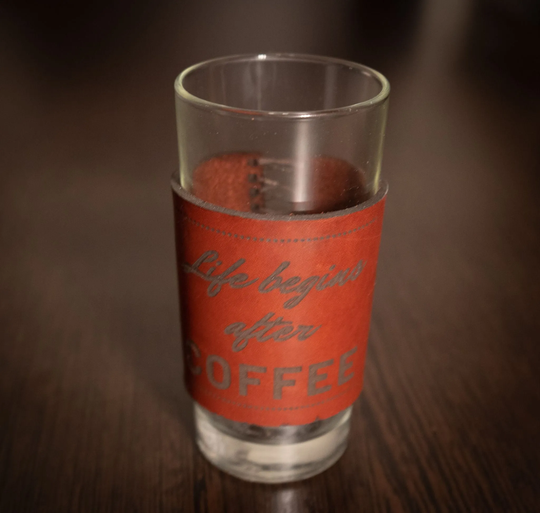 Coffee Glass with Leather Wrap and Engraving