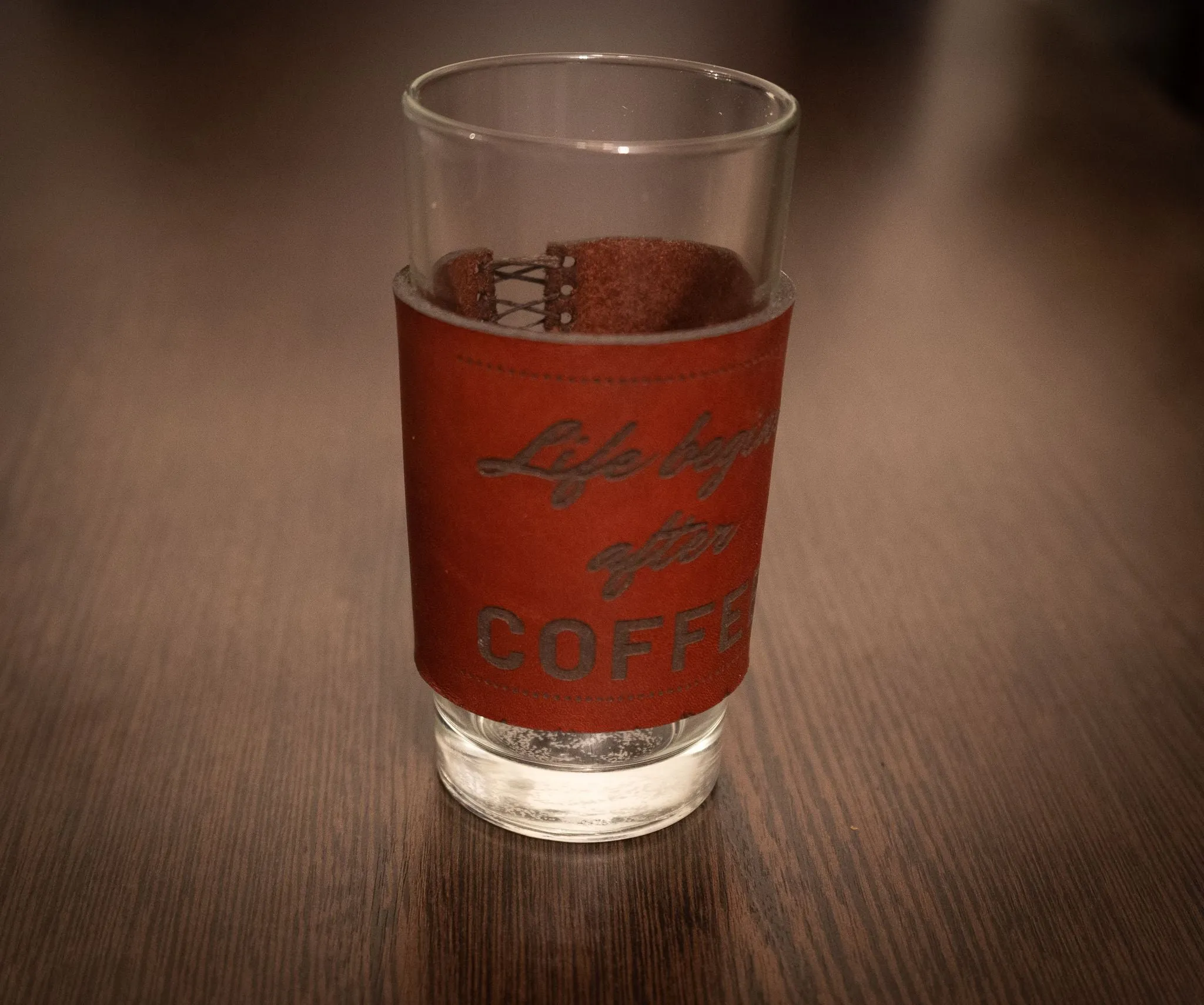 Coffee Glass with Leather Wrap and Engraving