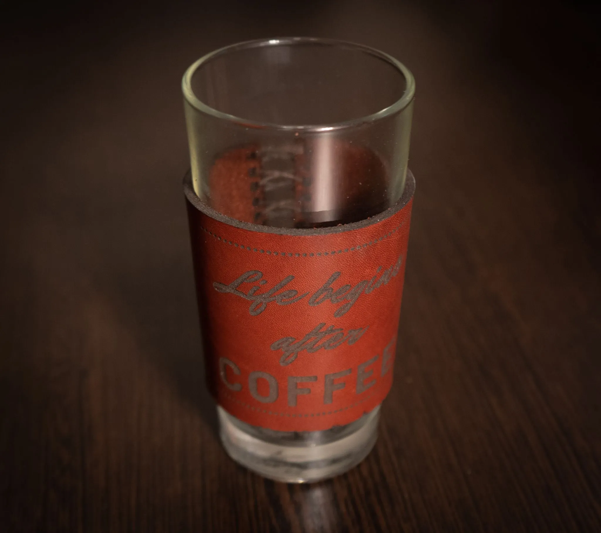 Coffee Glass with Leather Wrap and Engraving