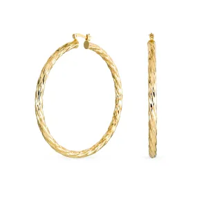 Diamond-Cut Rope Large Hoop Earrings Gold Plated Brass 1.50- 2.25 Inch Diameter