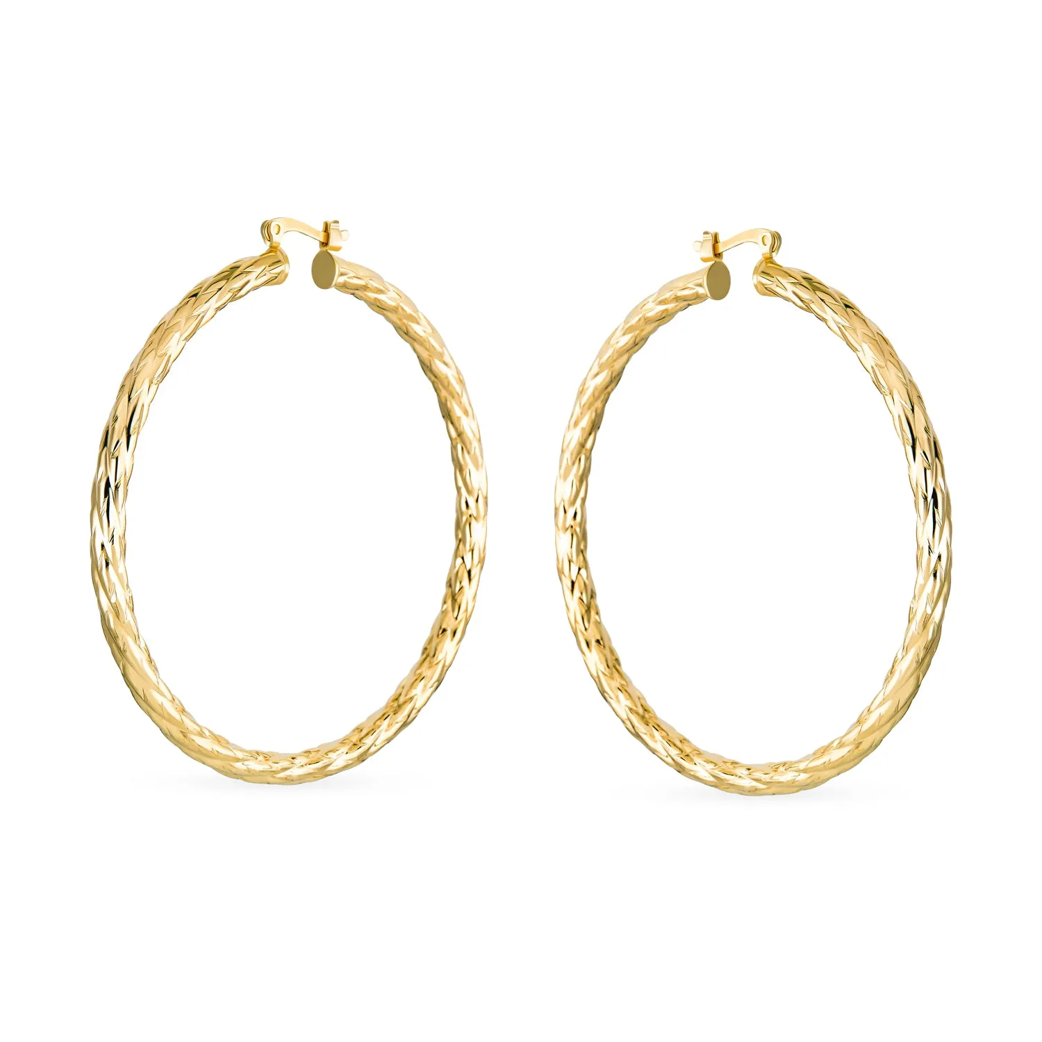 Diamond-Cut Rope Large Hoop Earrings Gold Plated Brass 1.50- 2.25 Inch Diameter