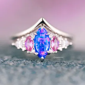 Emerie Blue Fire Opal & Pink Sapphire Ring Set-  Sterling Silver