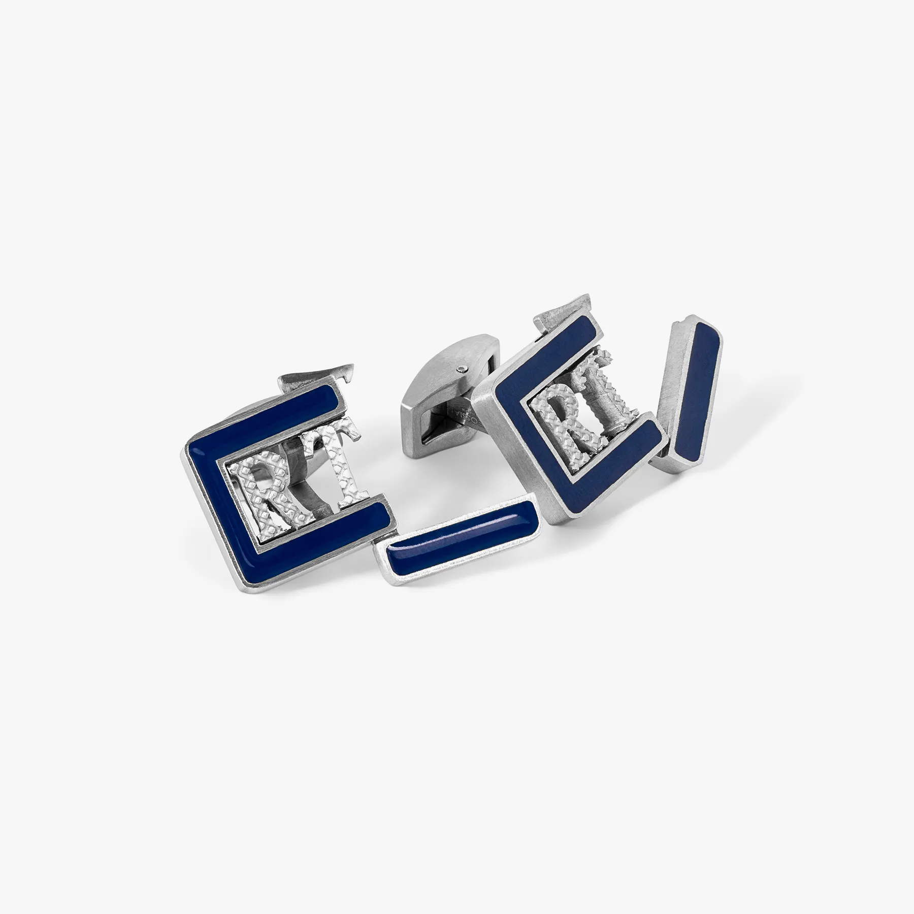 Grapheme Personalised Initials Cufflinks in Stainless Steel with Navy Enamel