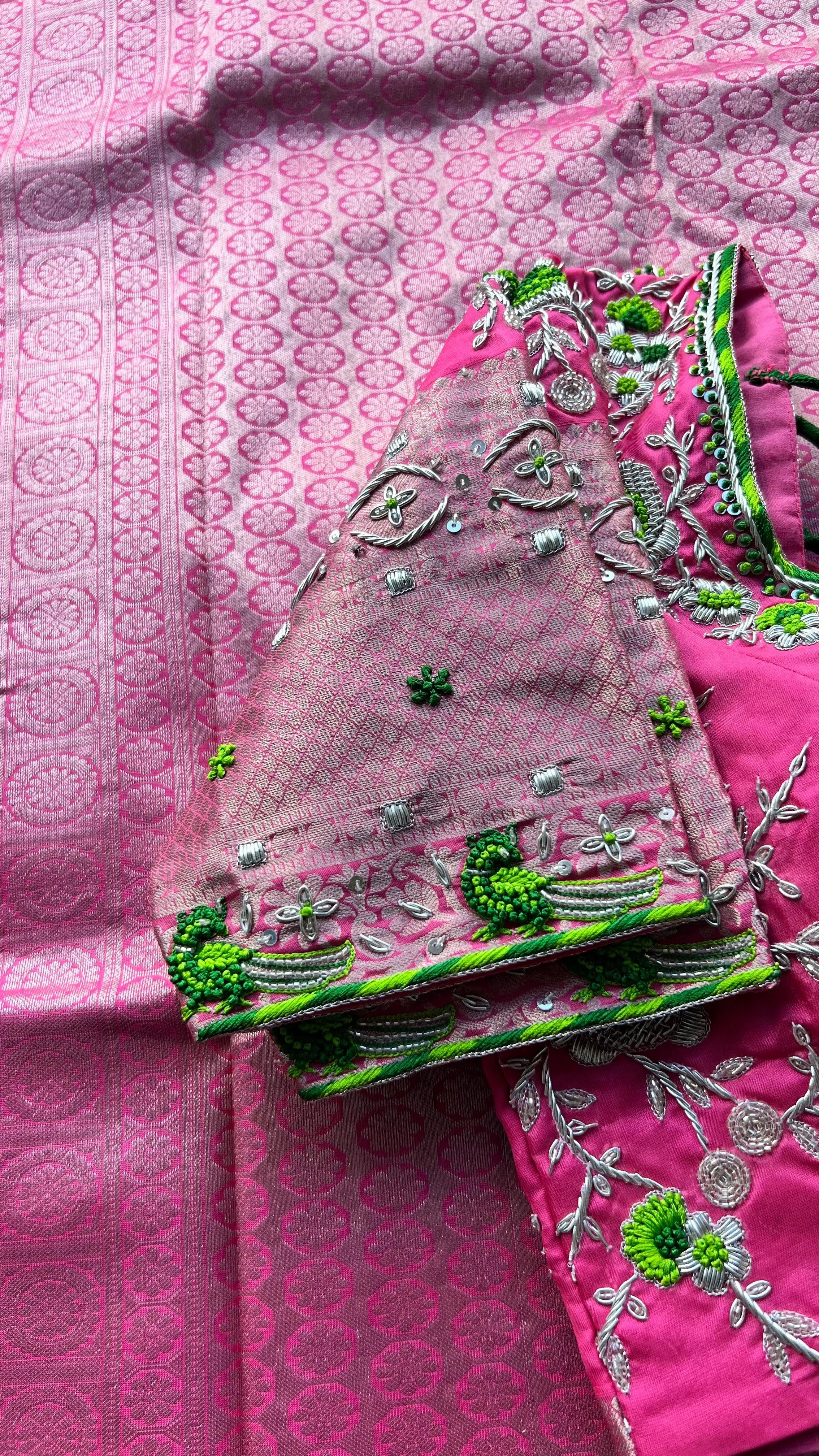 Green and pink kanchipuram silk saree with hand worked blouse