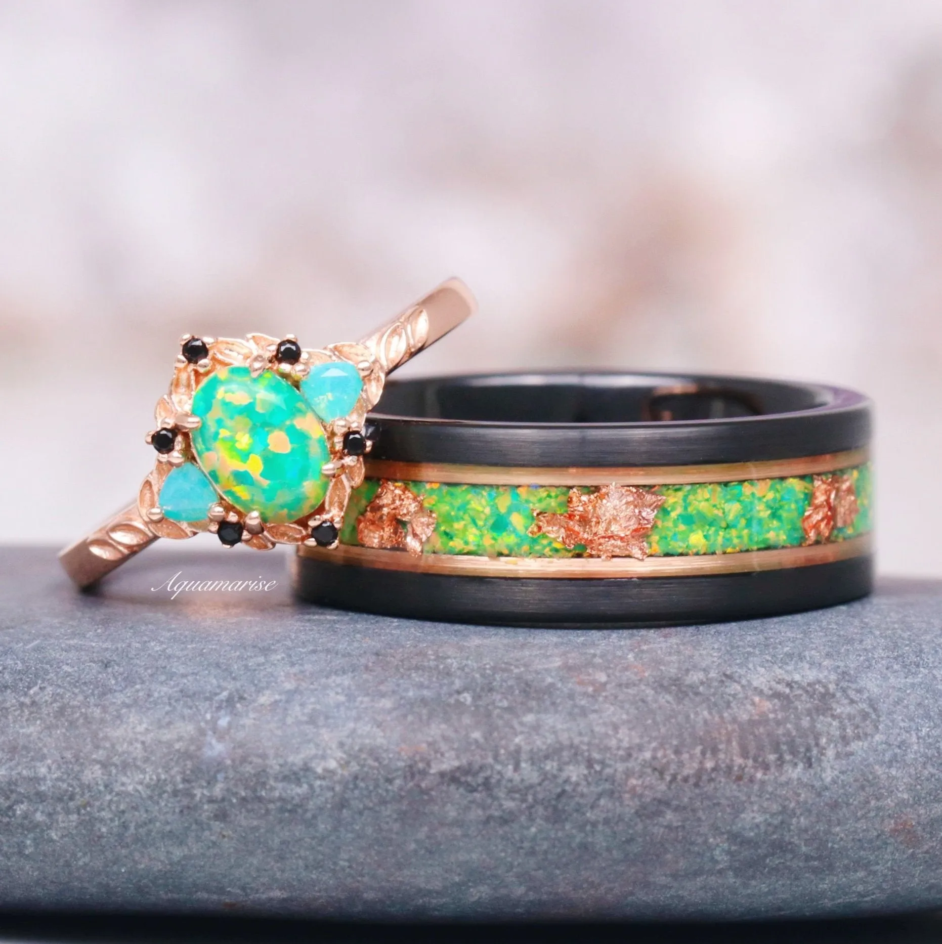 Green Fire Opal & Opalescent Sapphire Leaf Ring- 14K Rose Gold Vermeil