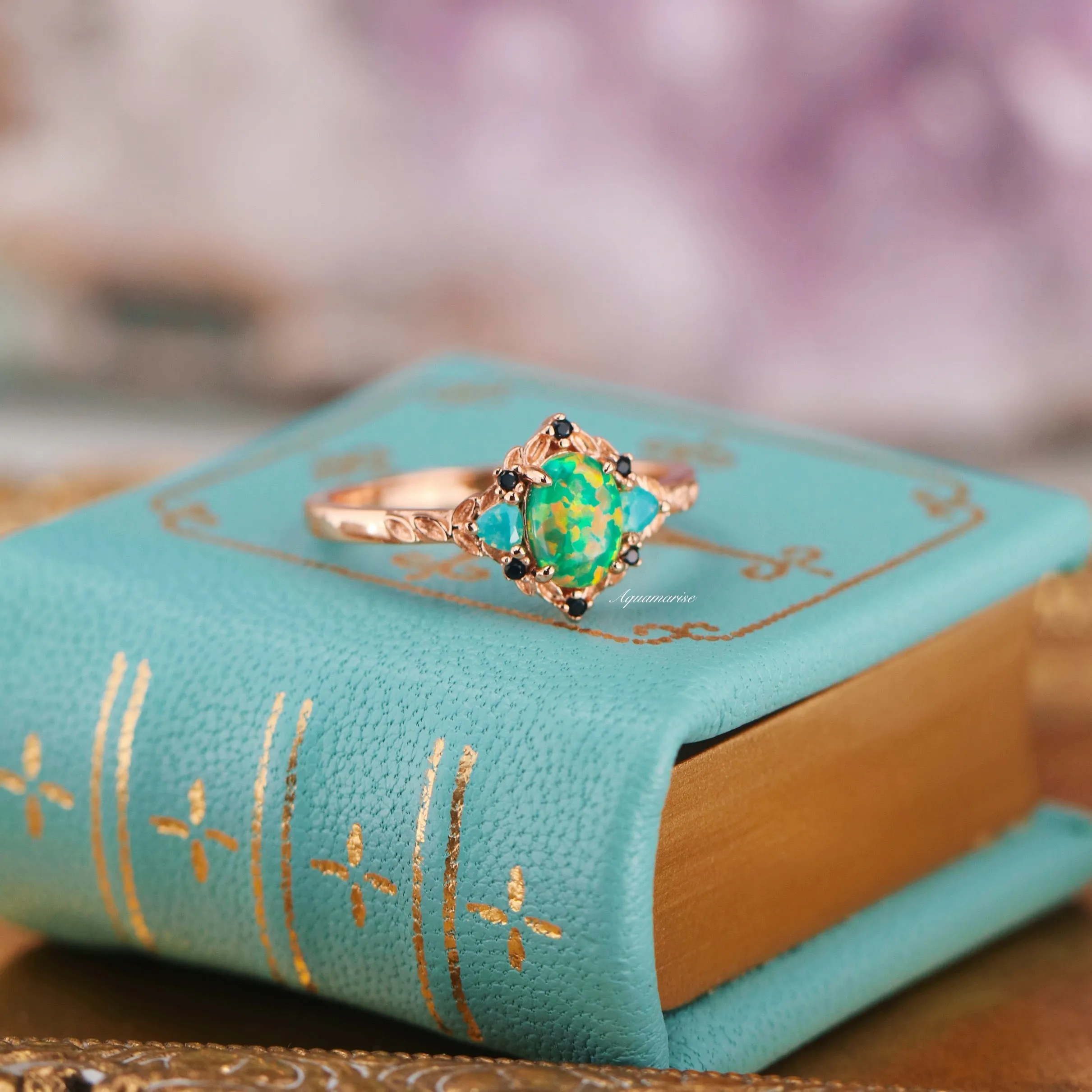 Green Fire Opal & Opalescent Sapphire Leaf Ring- 14K Rose Gold Vermeil