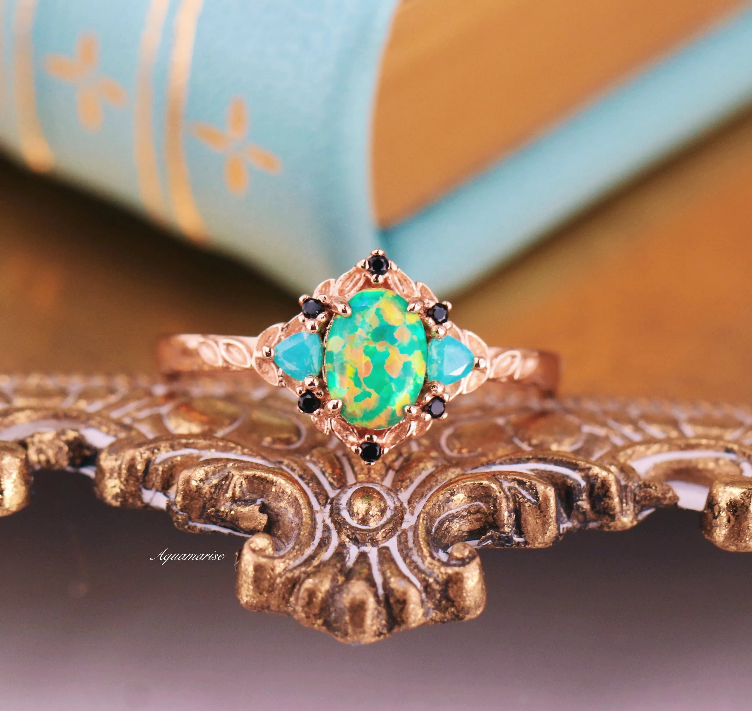 Green Fire Opal & Opalescent Sapphire Leaf Ring- 14K Rose Gold Vermeil