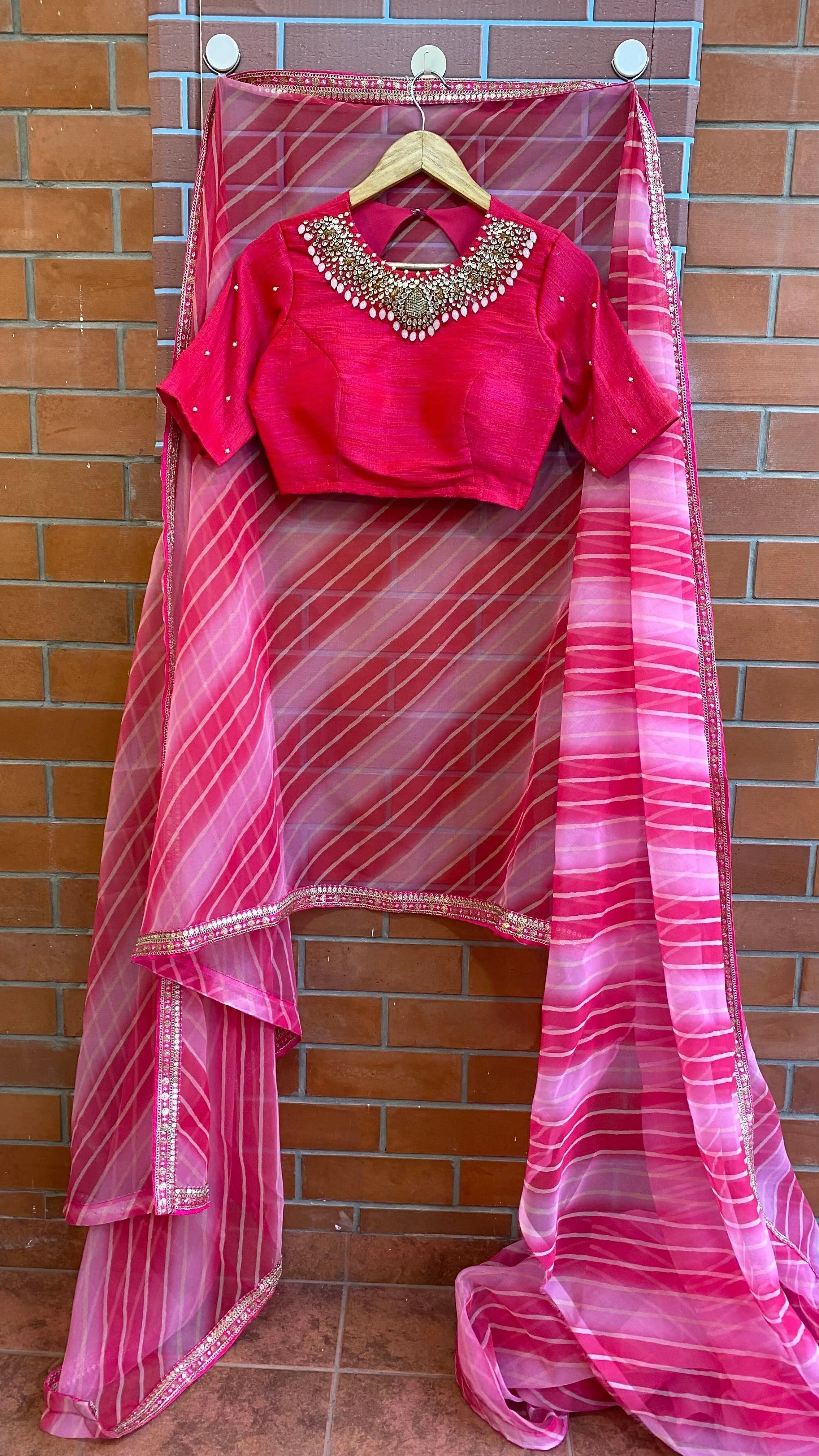 Hand worked pink heavy Jewel Neck Blouse