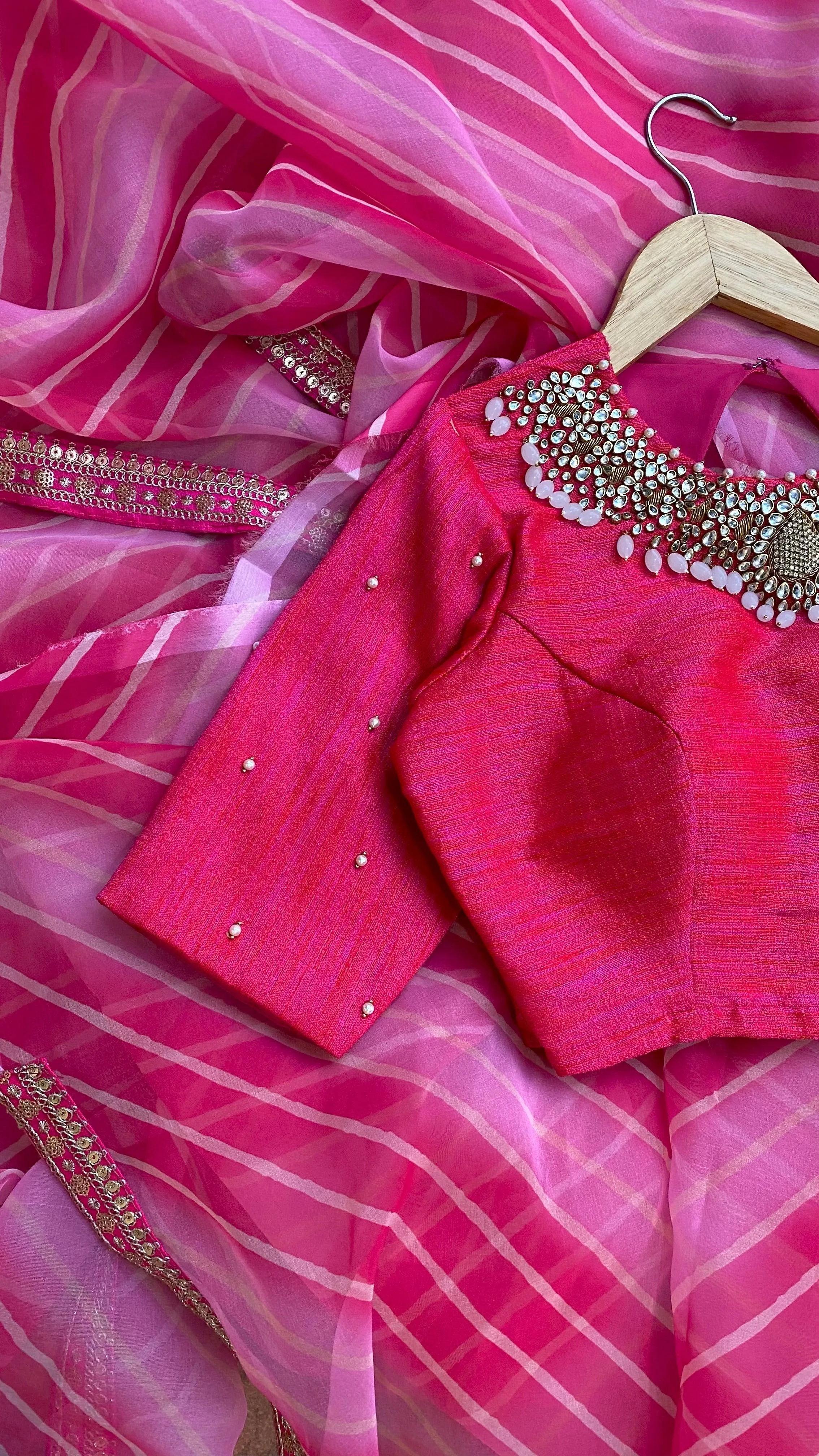 Hand worked pink heavy Jewel Neck Blouse