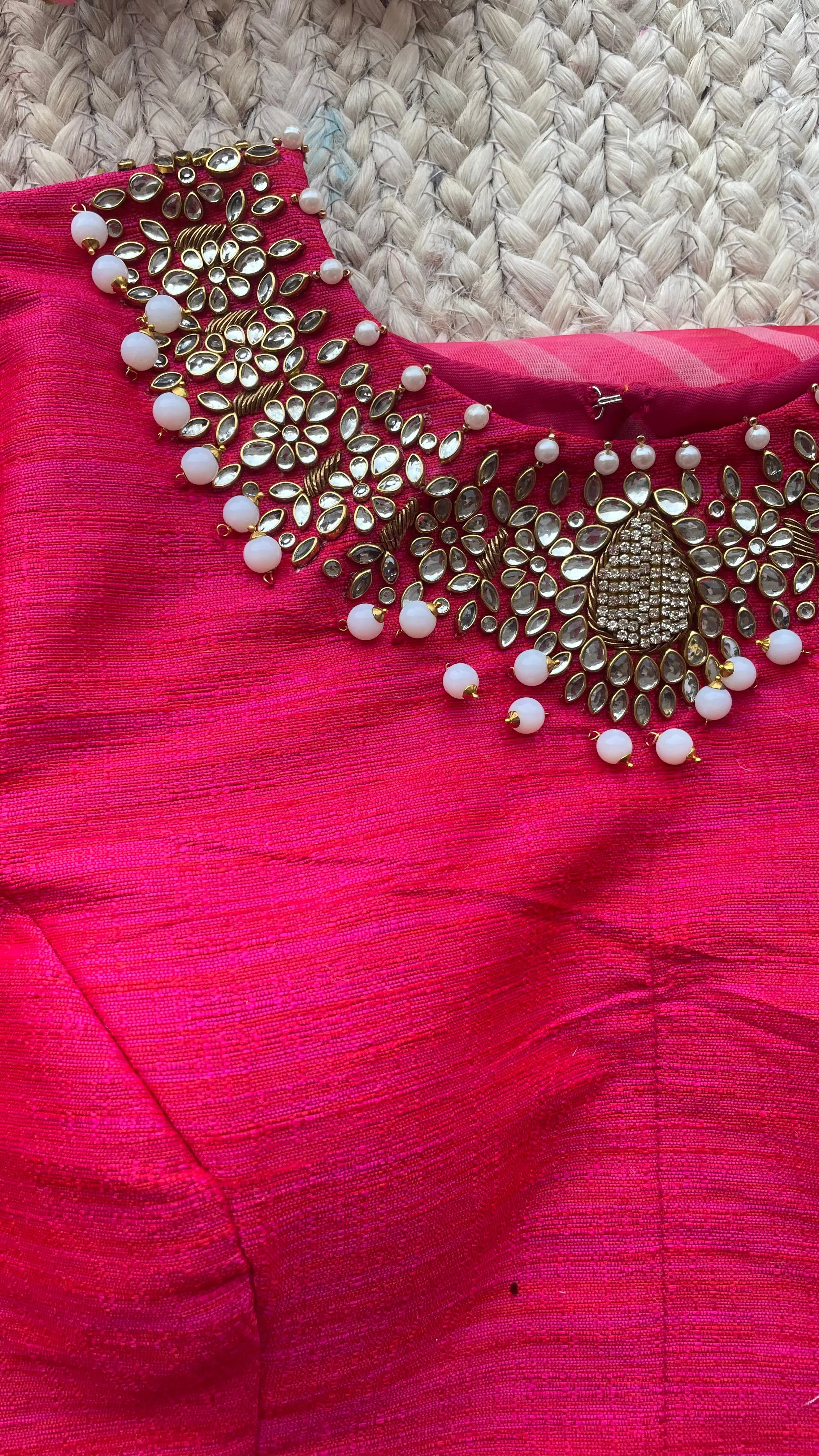 Hand worked pink heavy Jewel Neck Blouse