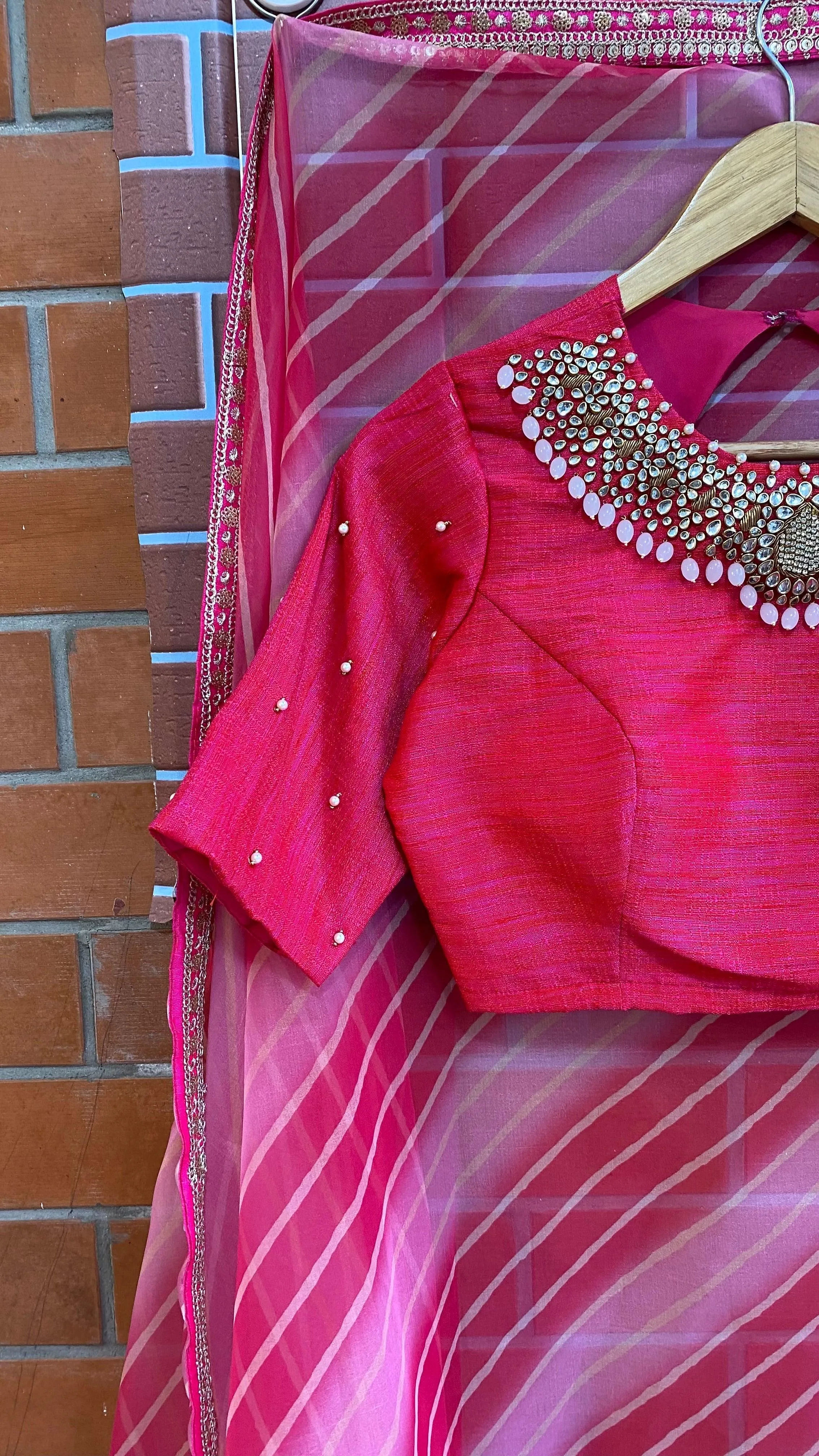 Hand worked pink heavy Jewel Neck Blouse