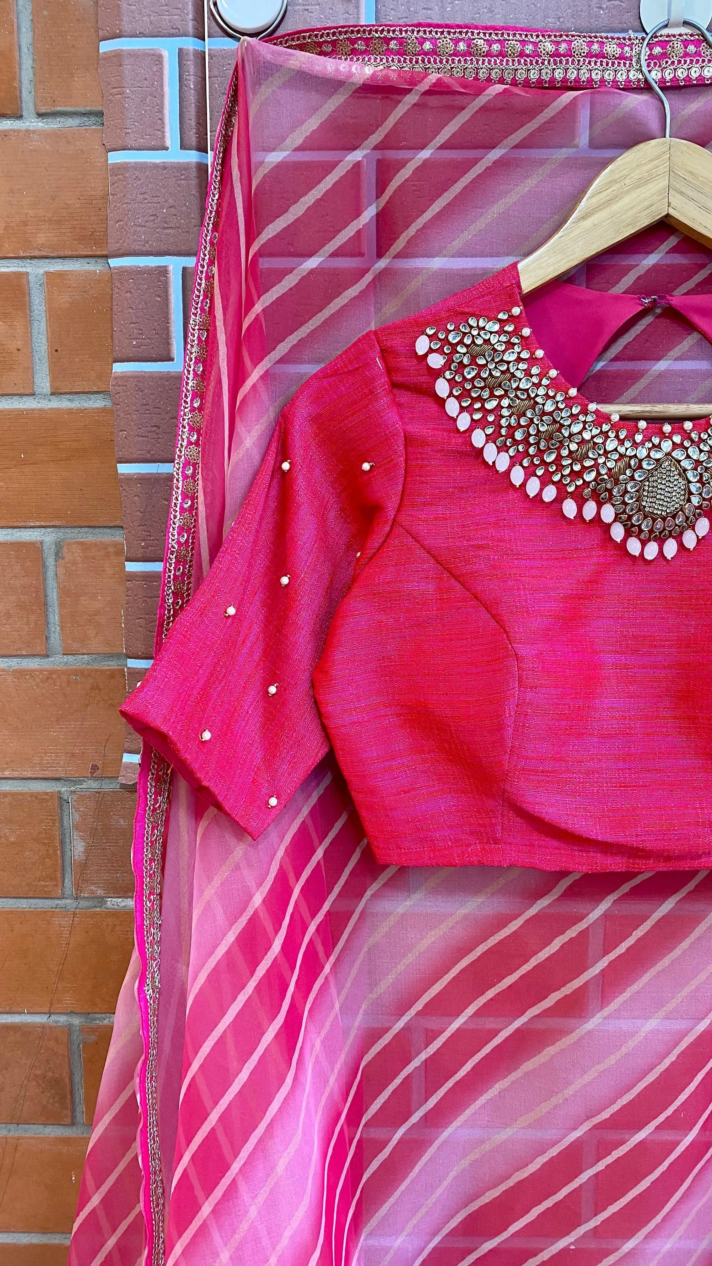 Hand worked pink heavy Jewel Neck Blouse