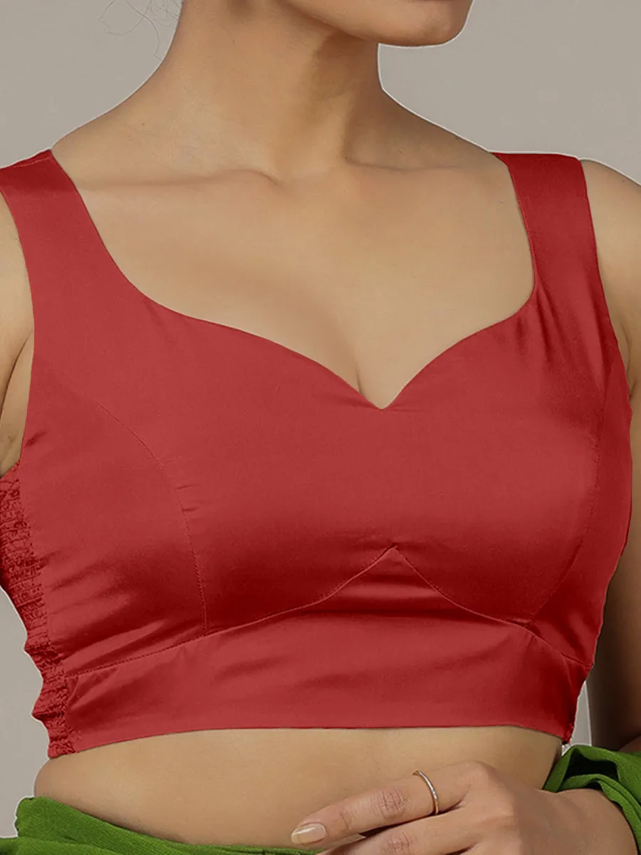 Ishika x Rozaana | Crimson Red Sleeveless FlexiFit™ Saree Blouse with Beetle Leaf Neckline and Back Cut-out with Tie-Up