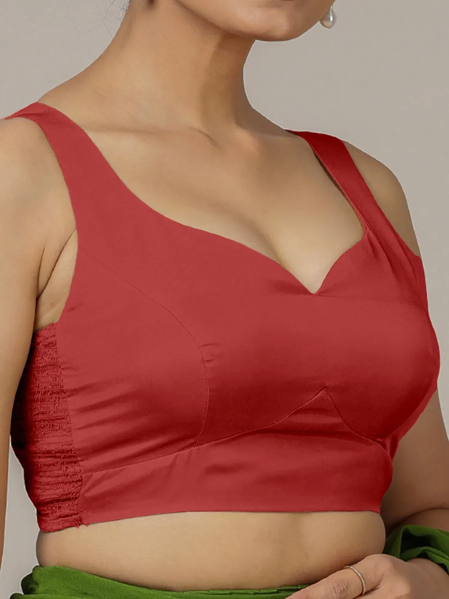 Ishika x Rozaana | Crimson Red Sleeveless FlexiFit™ Saree Blouse with Beetle Leaf Neckline and Back Cut-out with Tie-Up