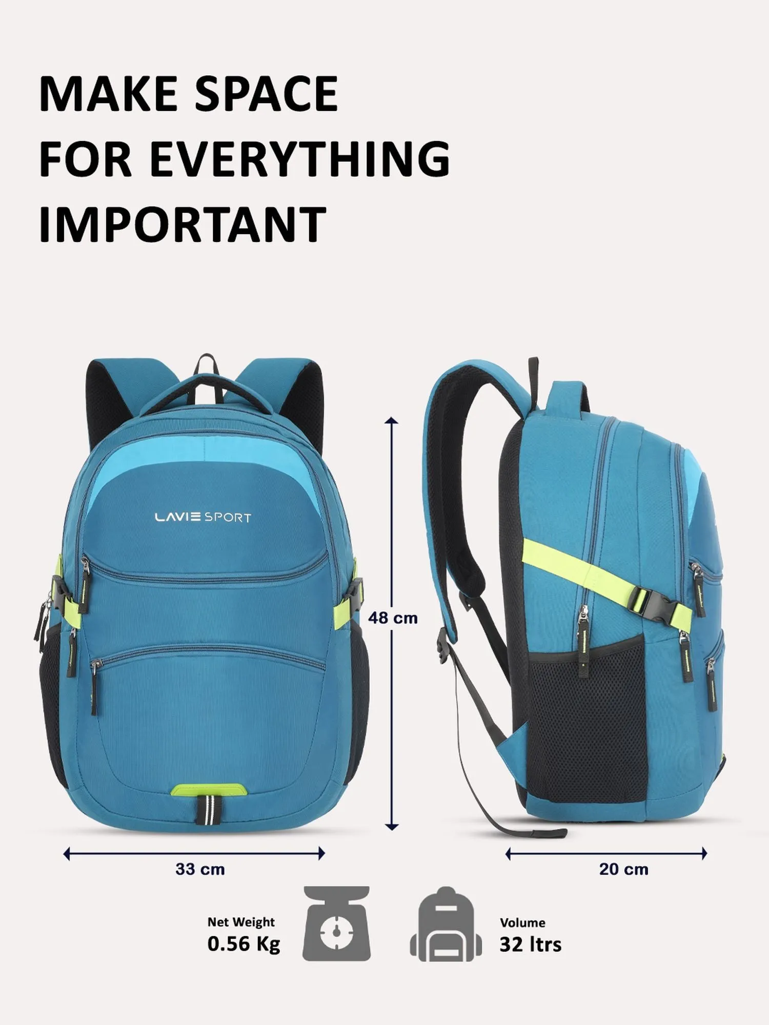 Lavie Sport Ambition 32L Laptop Backpack with Rain cover For Men & Women | Boys & Girls Blue