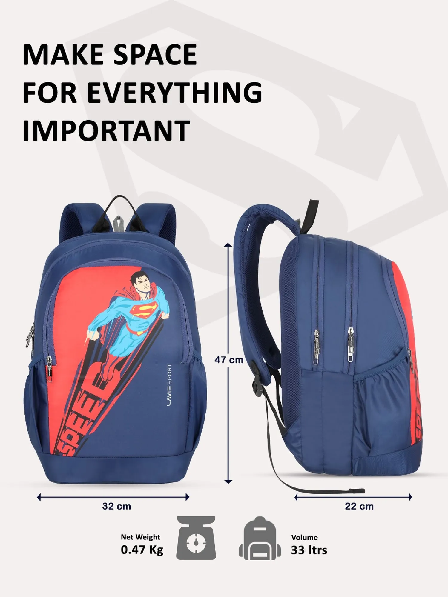 Lavie Sport Superman Speed 33L College Laptop Backpack For Boys & Girls Navy