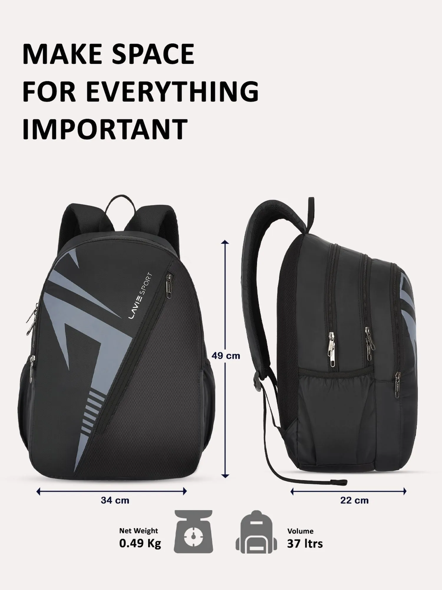 Lavie Sport Tribal 37L College Bag For Boys & Girls|Backpack For Men & Women Black