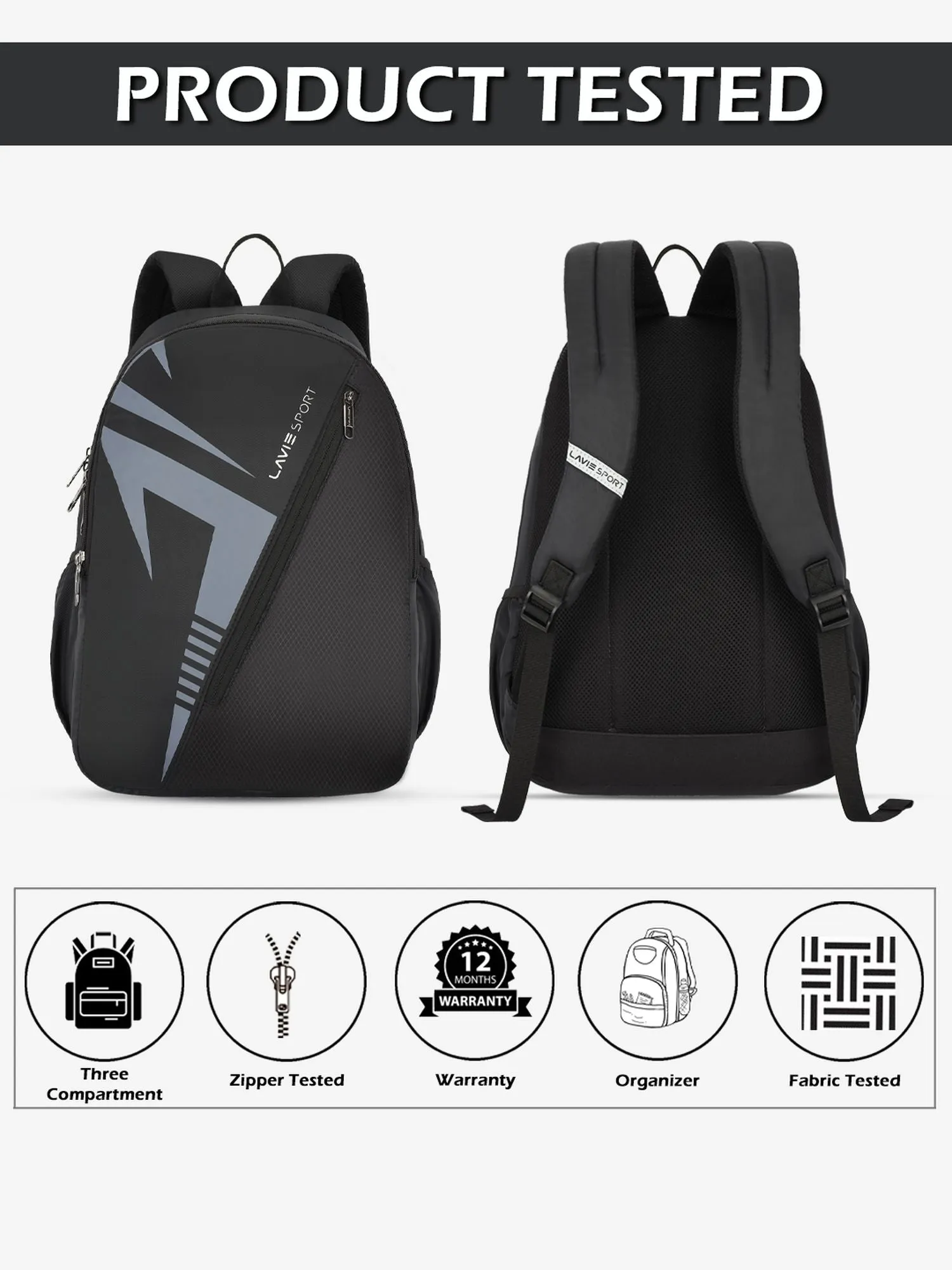 Lavie Sport Tribal 37L College Bag For Boys & Girls|Backpack For Men & Women Black