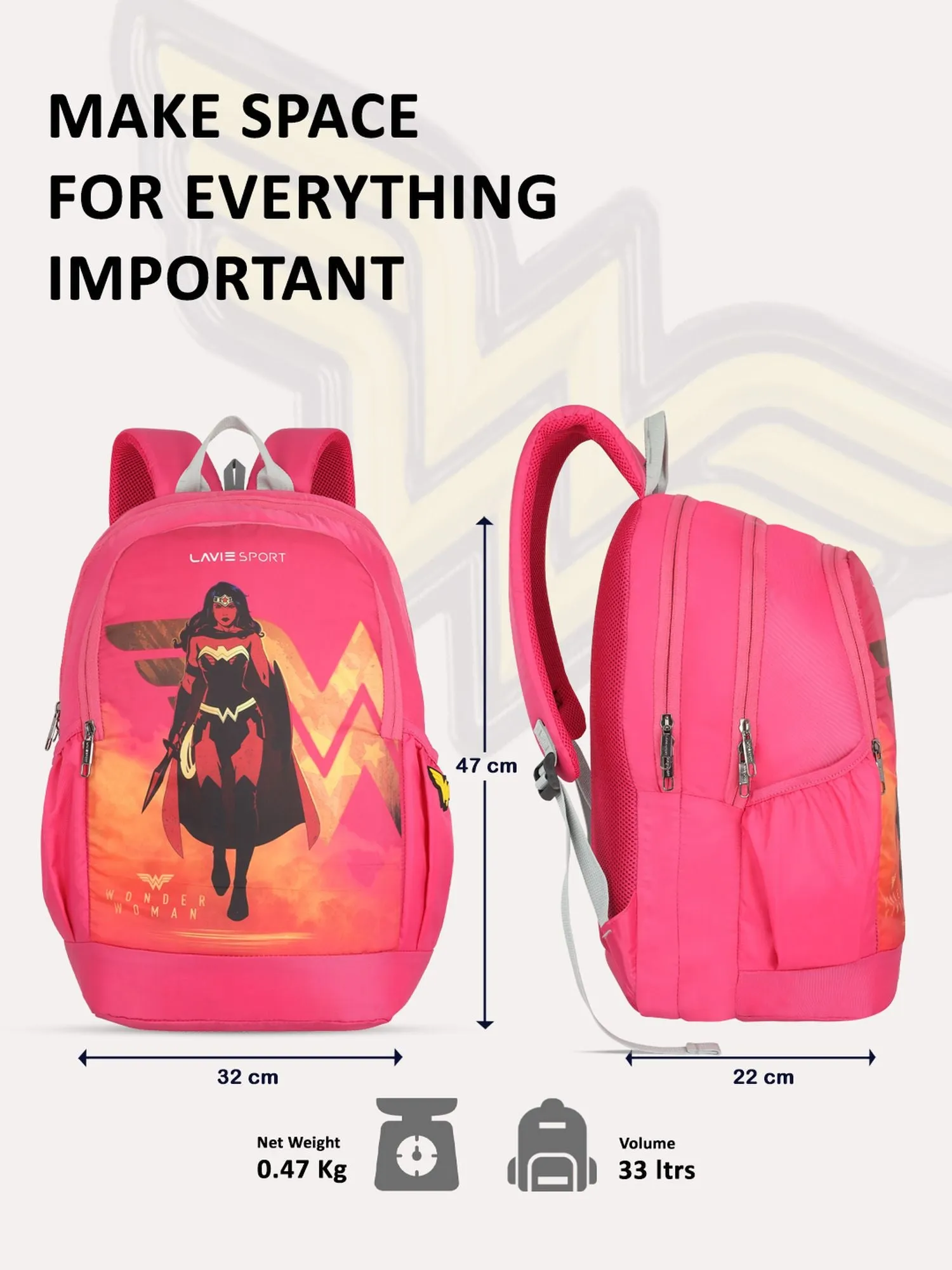 Lavie Sport Wonder woman Blaze 33L College Laptop Backpack For Boys & Girls Magenta