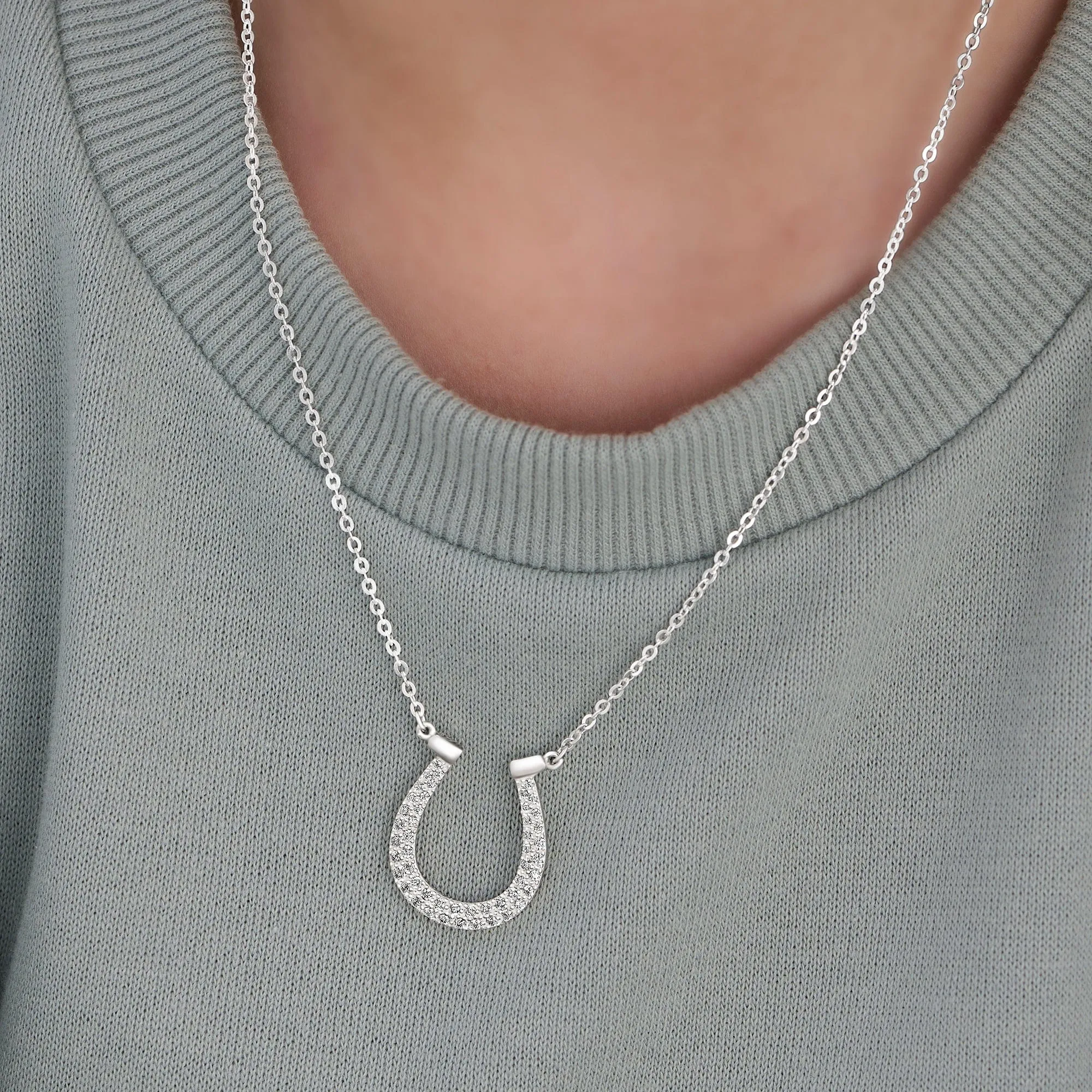 Lucky Horseshoe Necklace Sterling Silver with CZ