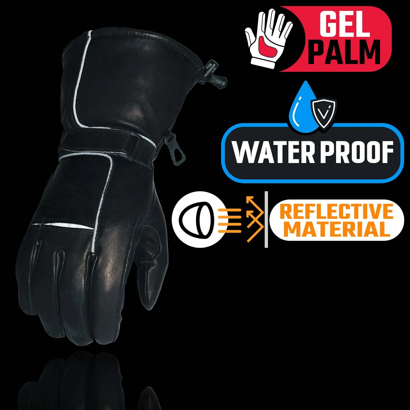 Milwaukee Leather Men's Black Soft Leather Gauntlet Motorcycle Hand Gloves-Waterproof Gel Palm Reflective Piping SH873