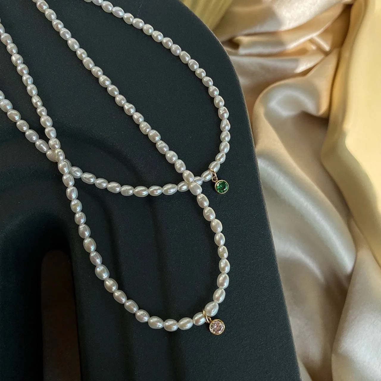 Mini emerald zircon pearl necklace (Purchase Individually)