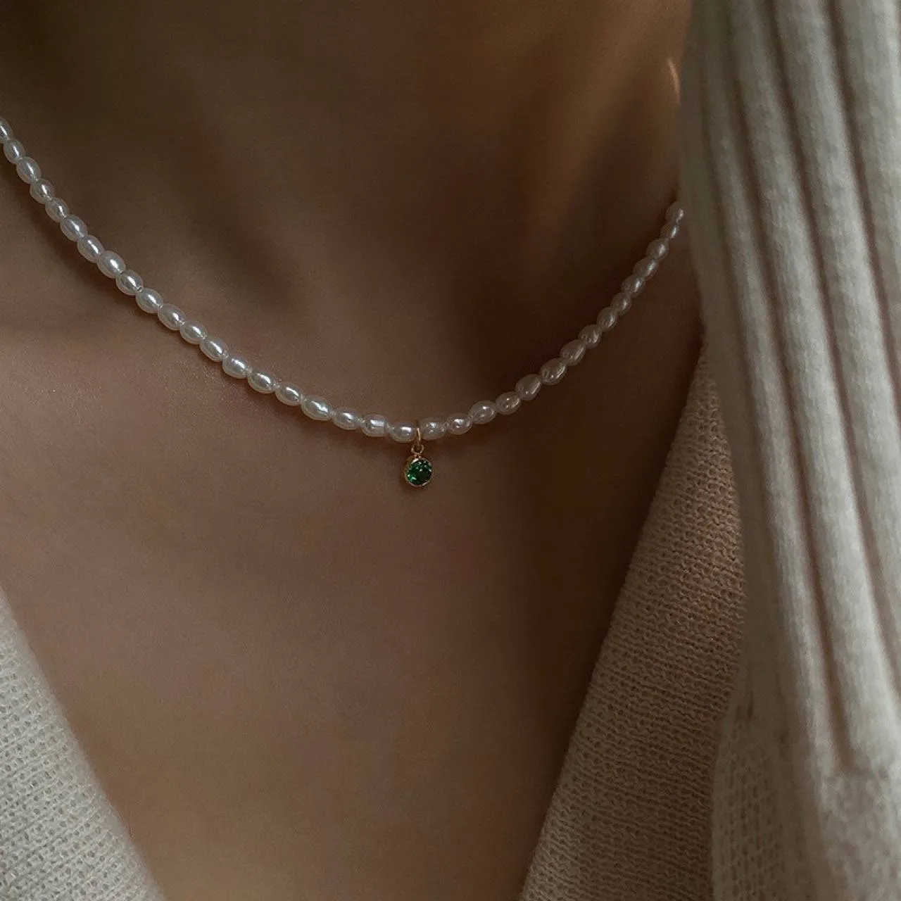 Mini emerald zircon pearl necklace (Purchase Individually)