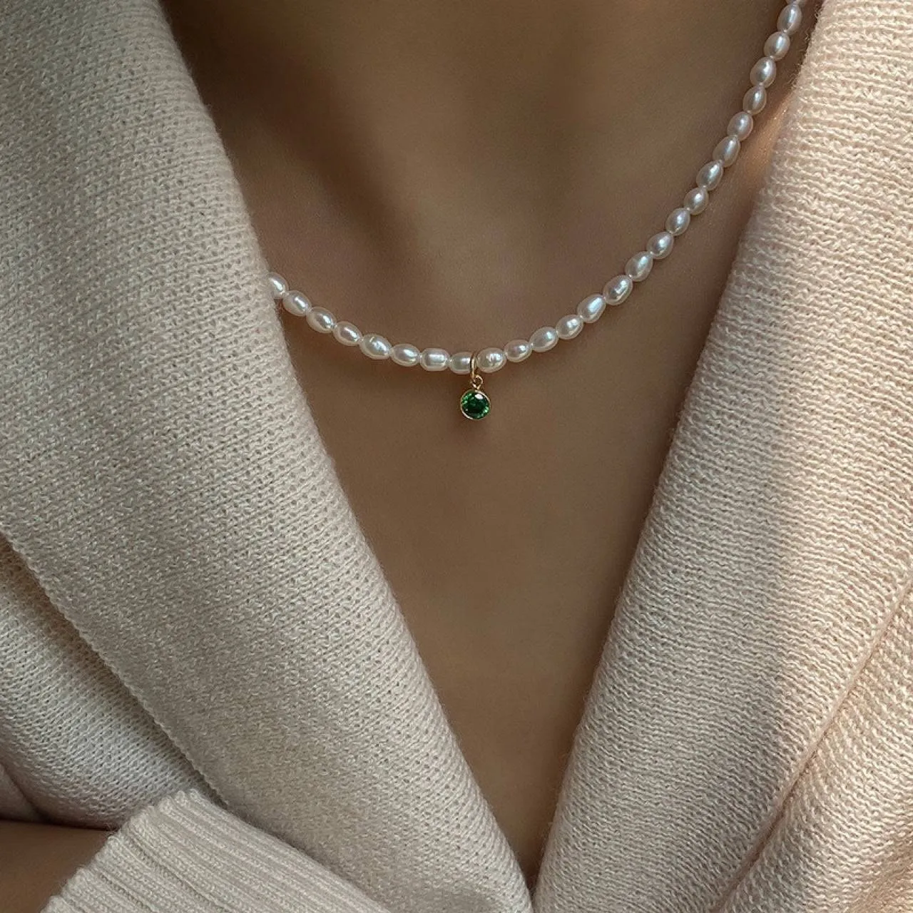 Mini emerald zircon pearl necklace (Purchase Individually)