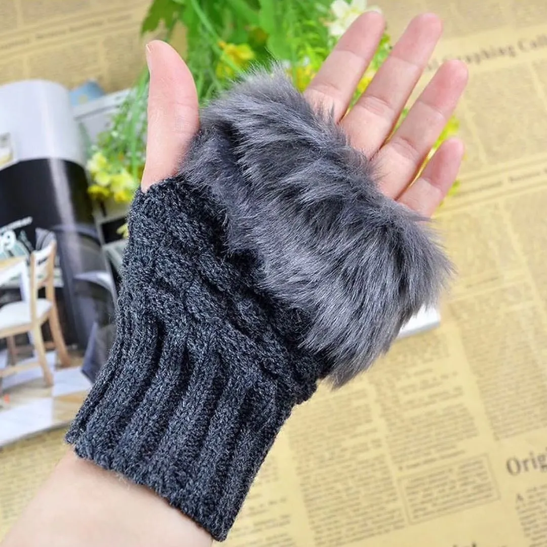 Mink Fleece Winter Half Finger Gloves Warm Luxury Solid Plush Knitted Fingerless Gloves Writting Soft Wrist Mittens (Pair)