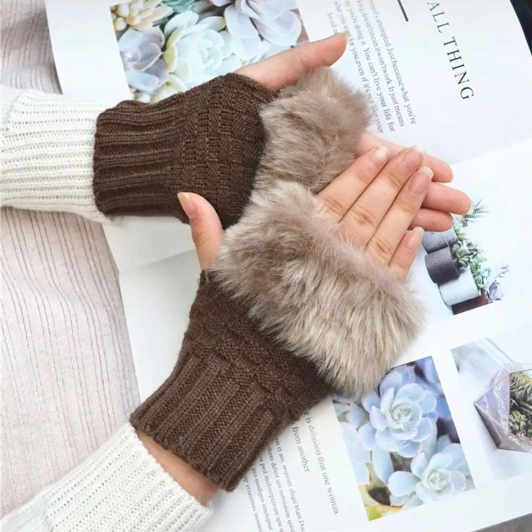 Mink Fleece Winter Half Finger Gloves Warm Luxury Solid Plush Knitted Fingerless Gloves Writting Soft Wrist Mittens (Pair)