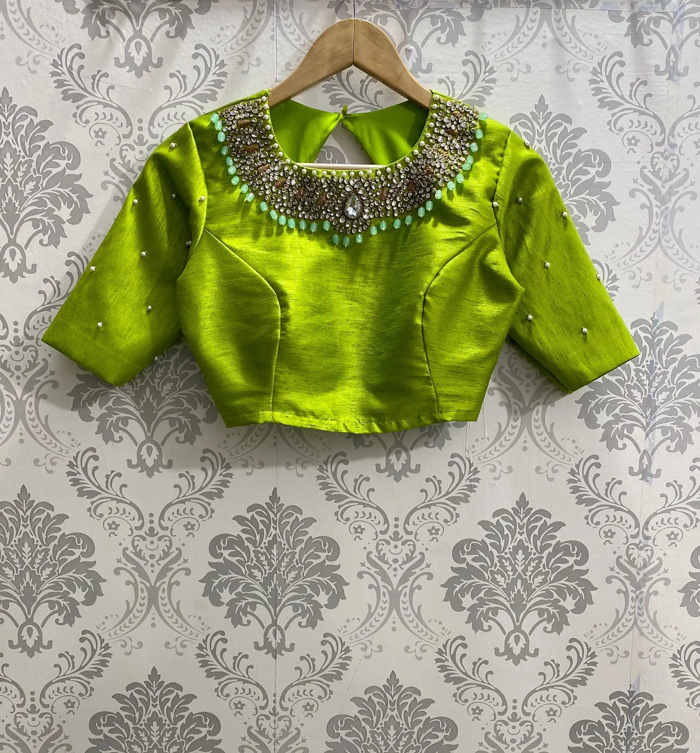 Parrot green silk blouse with Jewel Neck handworks