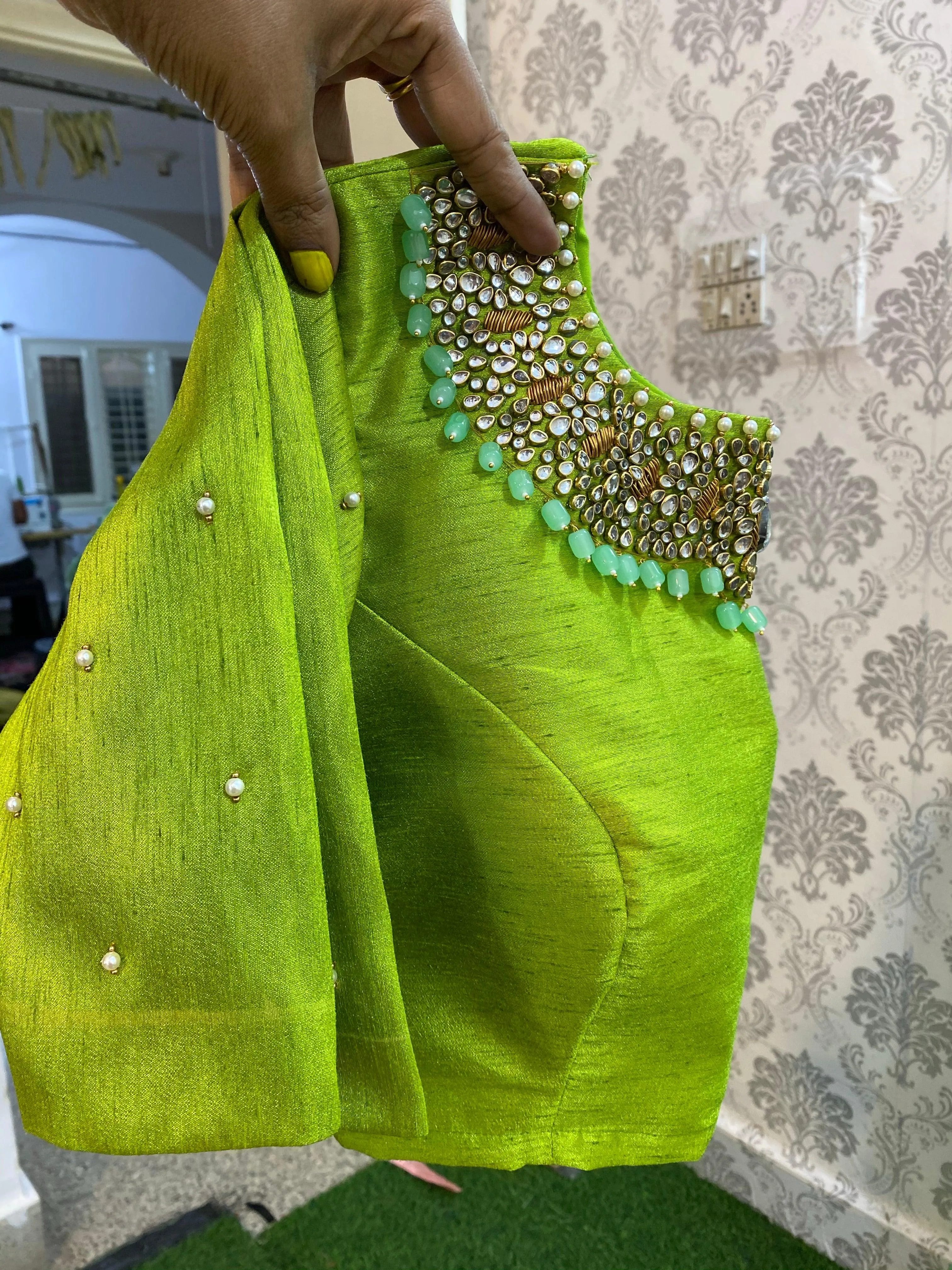 Parrot green silk blouse with Jewel Neck handworks