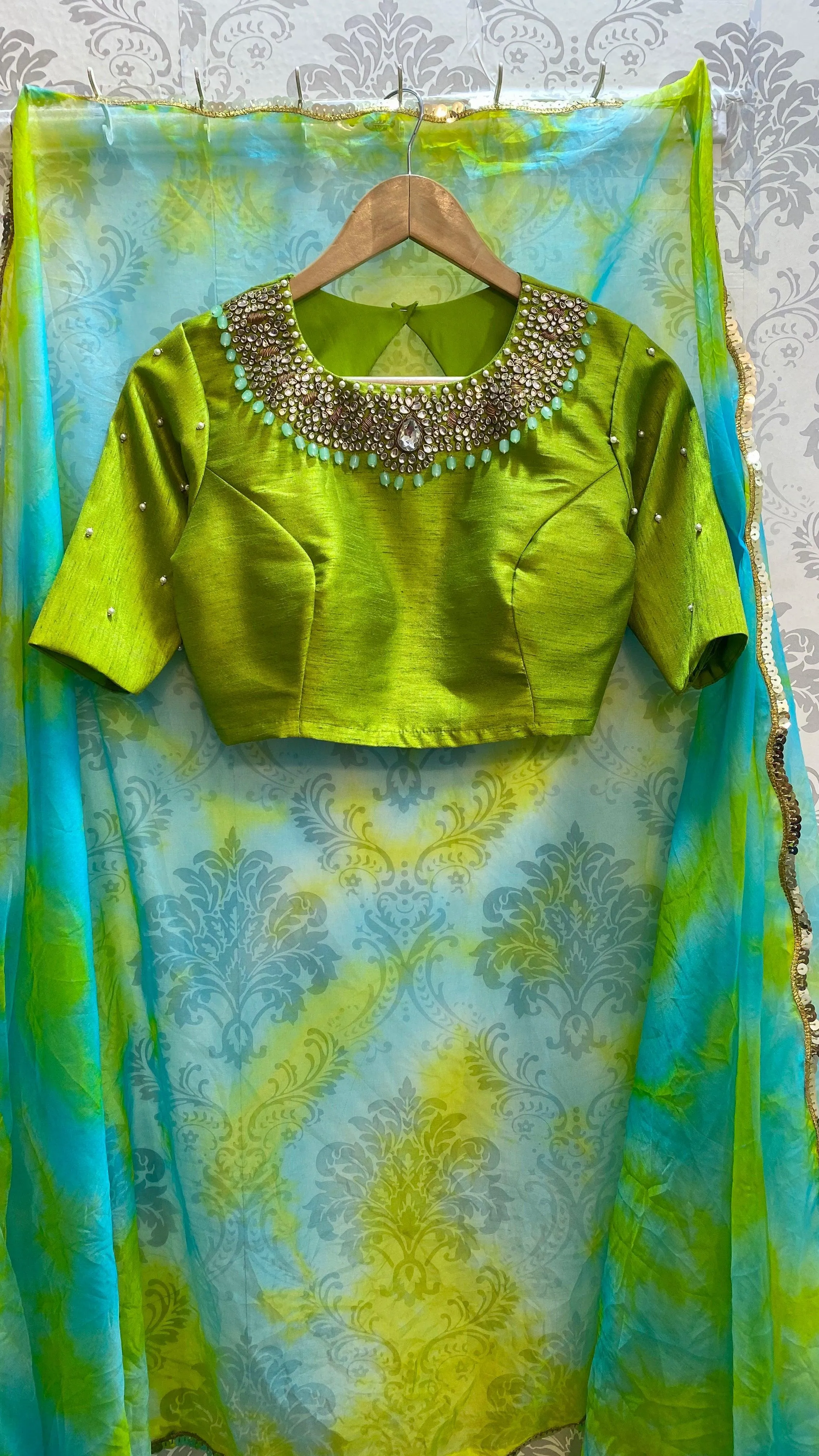 Parrot green silk blouse with Jewel Neck handworks