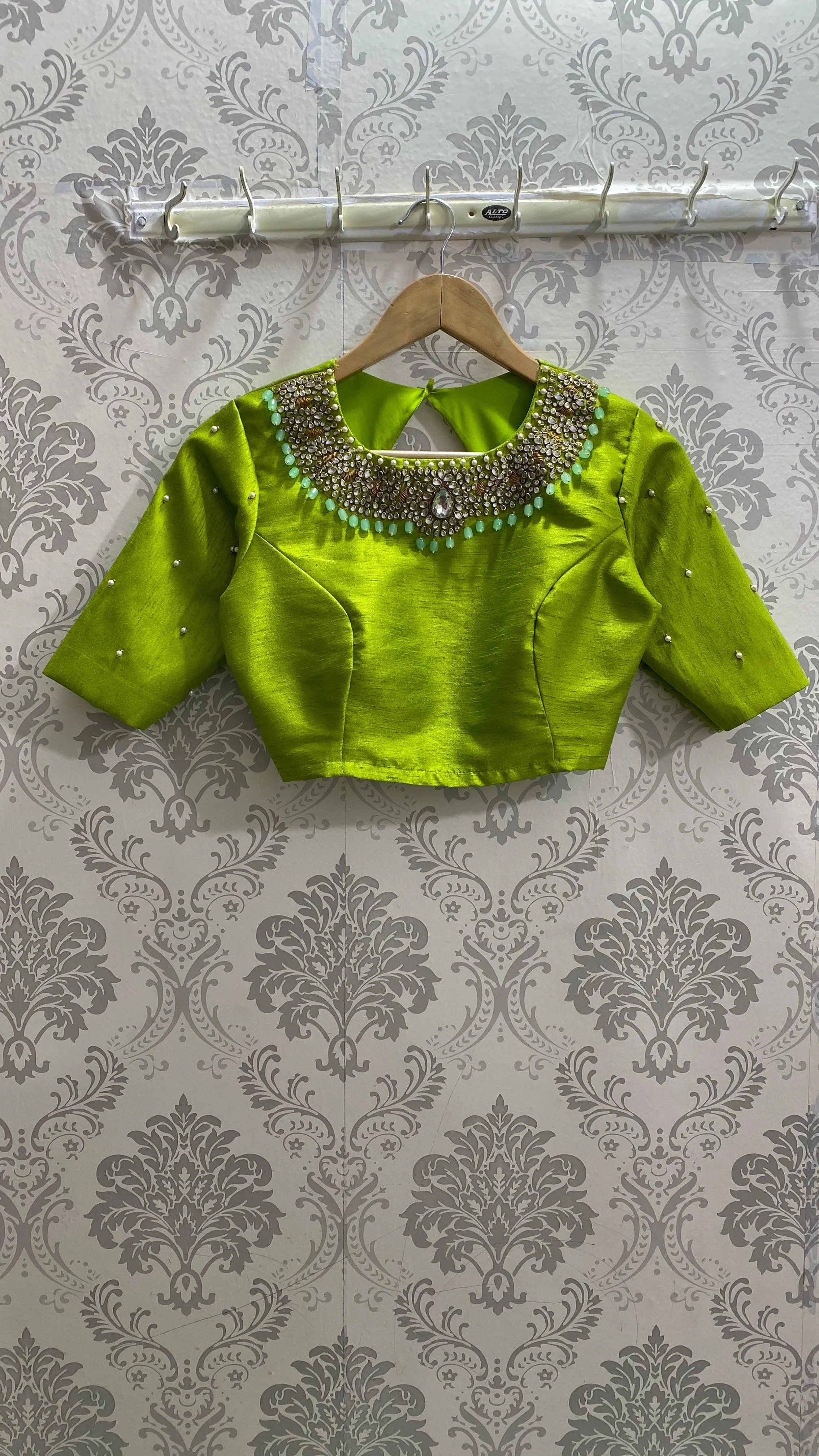 Parrot green silk blouse with Jewel Neck handworks