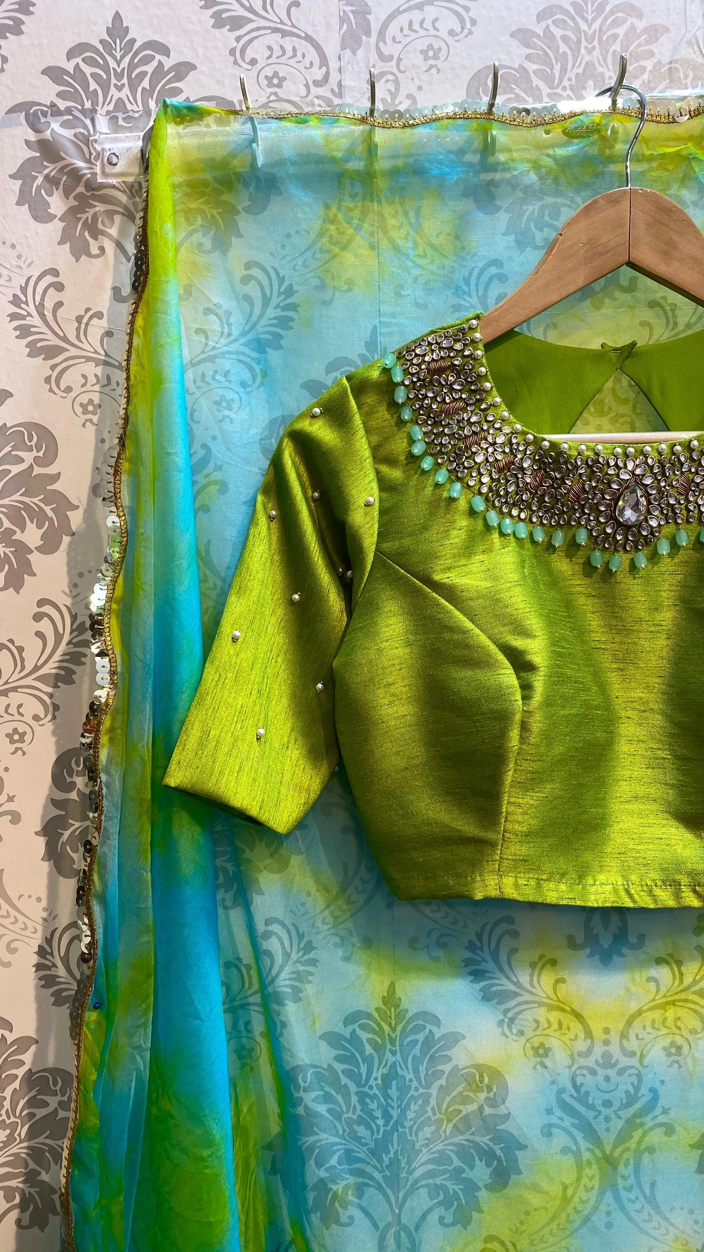 Parrot green silk blouse with Jewel Neck handworks