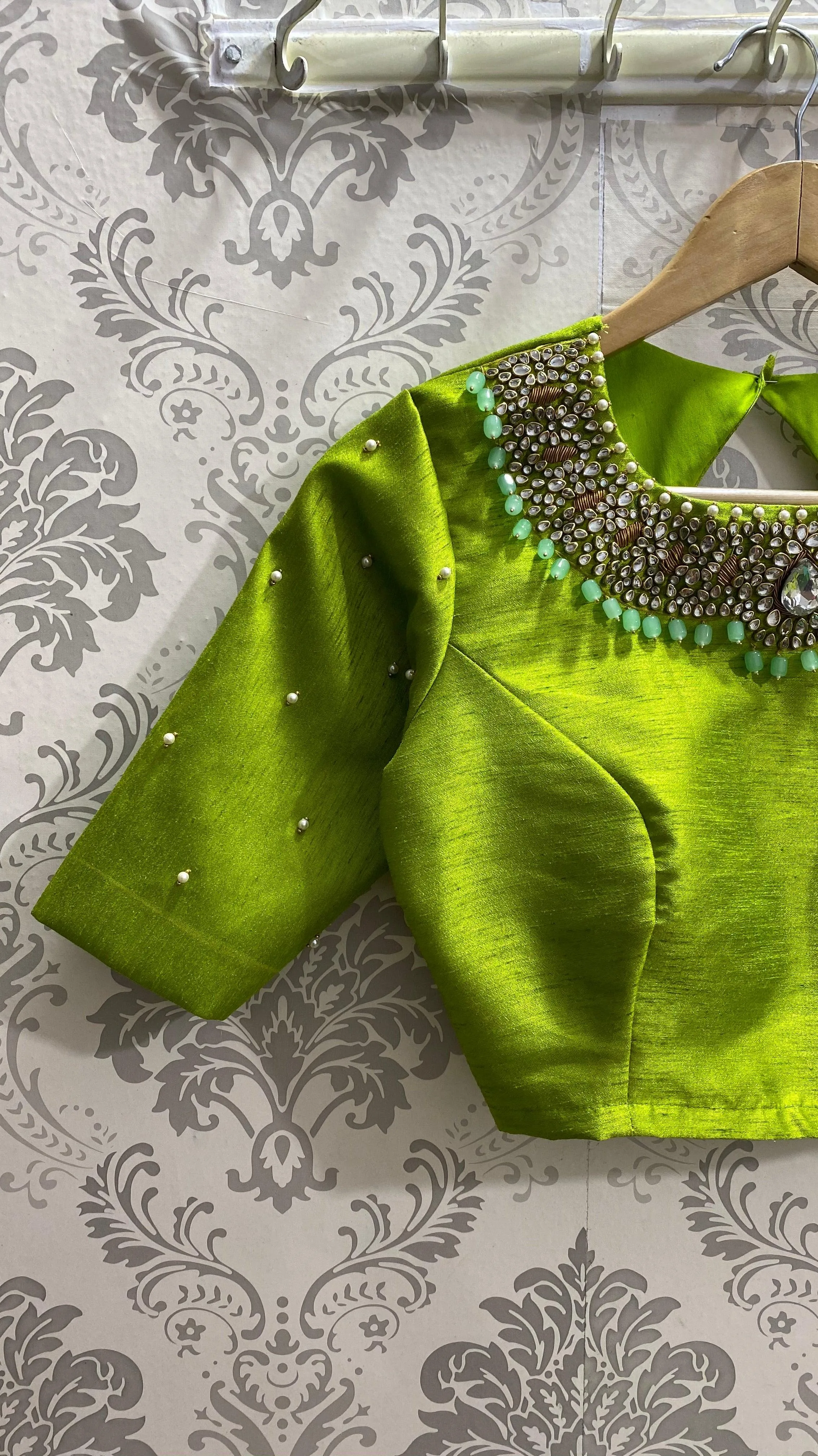 Parrot green silk blouse with Jewel Neck handworks