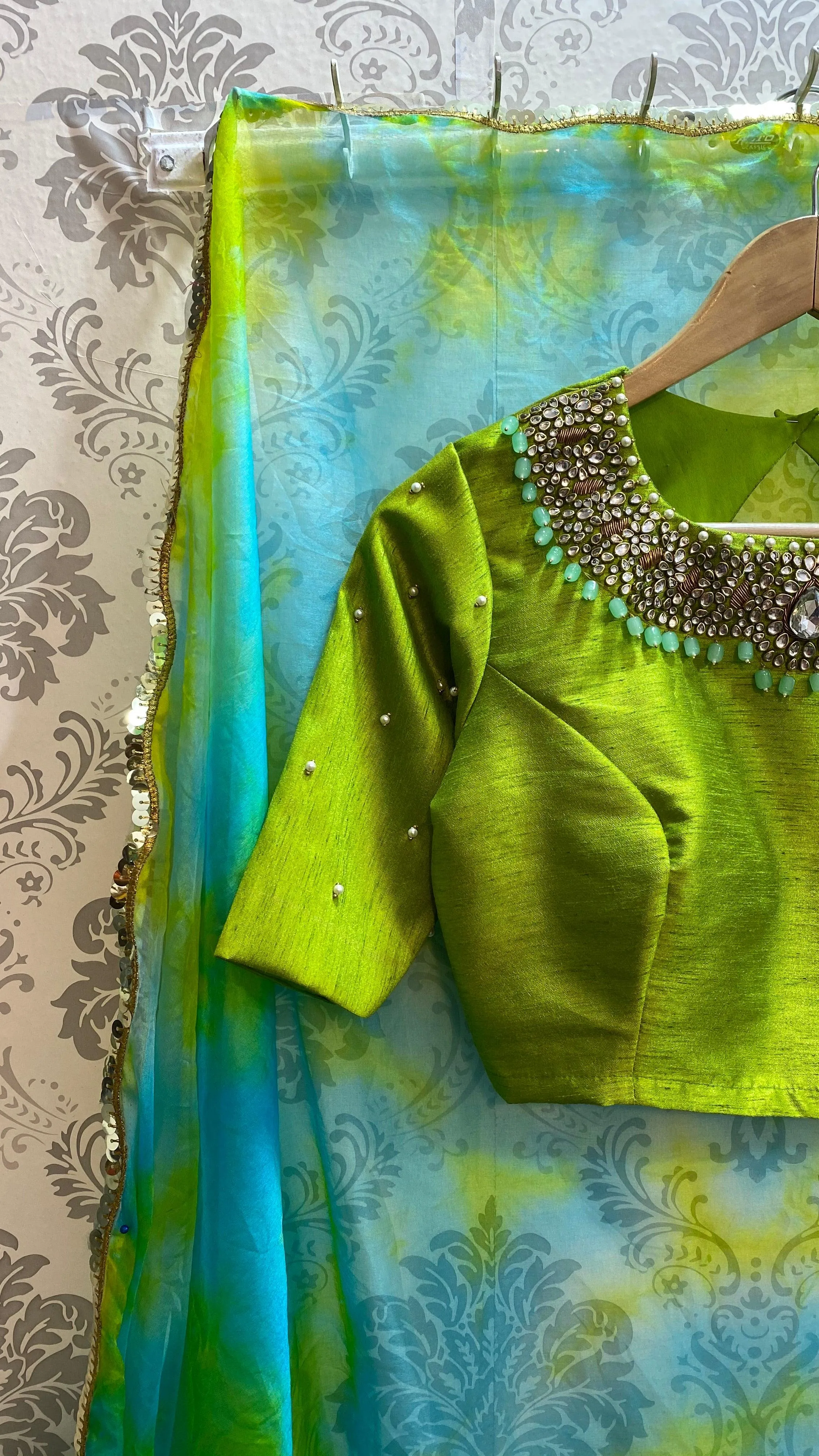 Parrot green silk blouse with Jewel Neck handworks