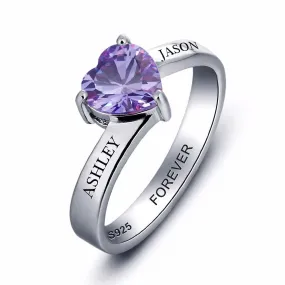 Personalized Women’s 925 Sterling Silver Ring – Heart Birthstone – Customize Couple	 Name – Best Jewelry Gift