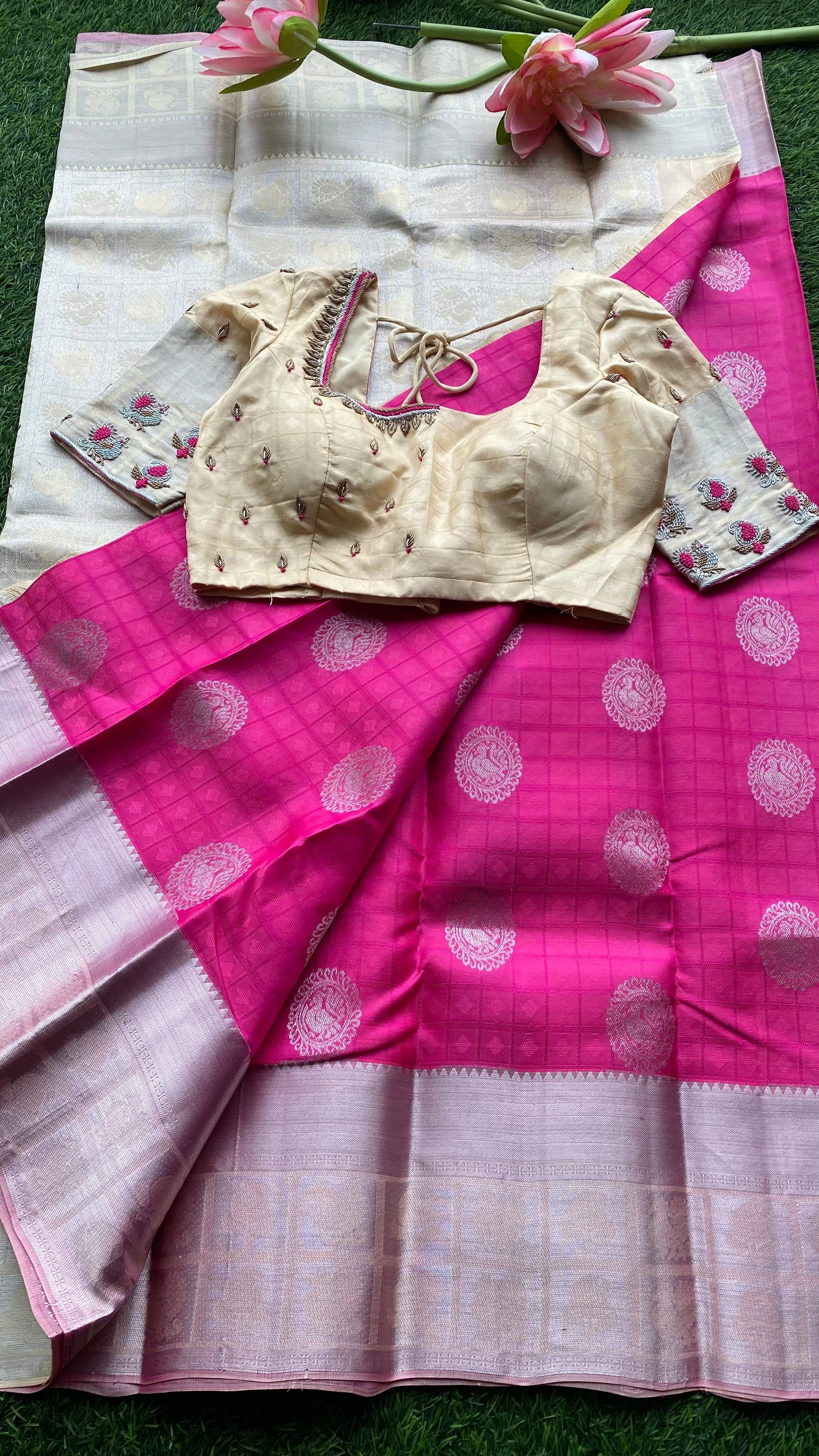 Pink and cream kanchipuram silk saree with hand worked blouse